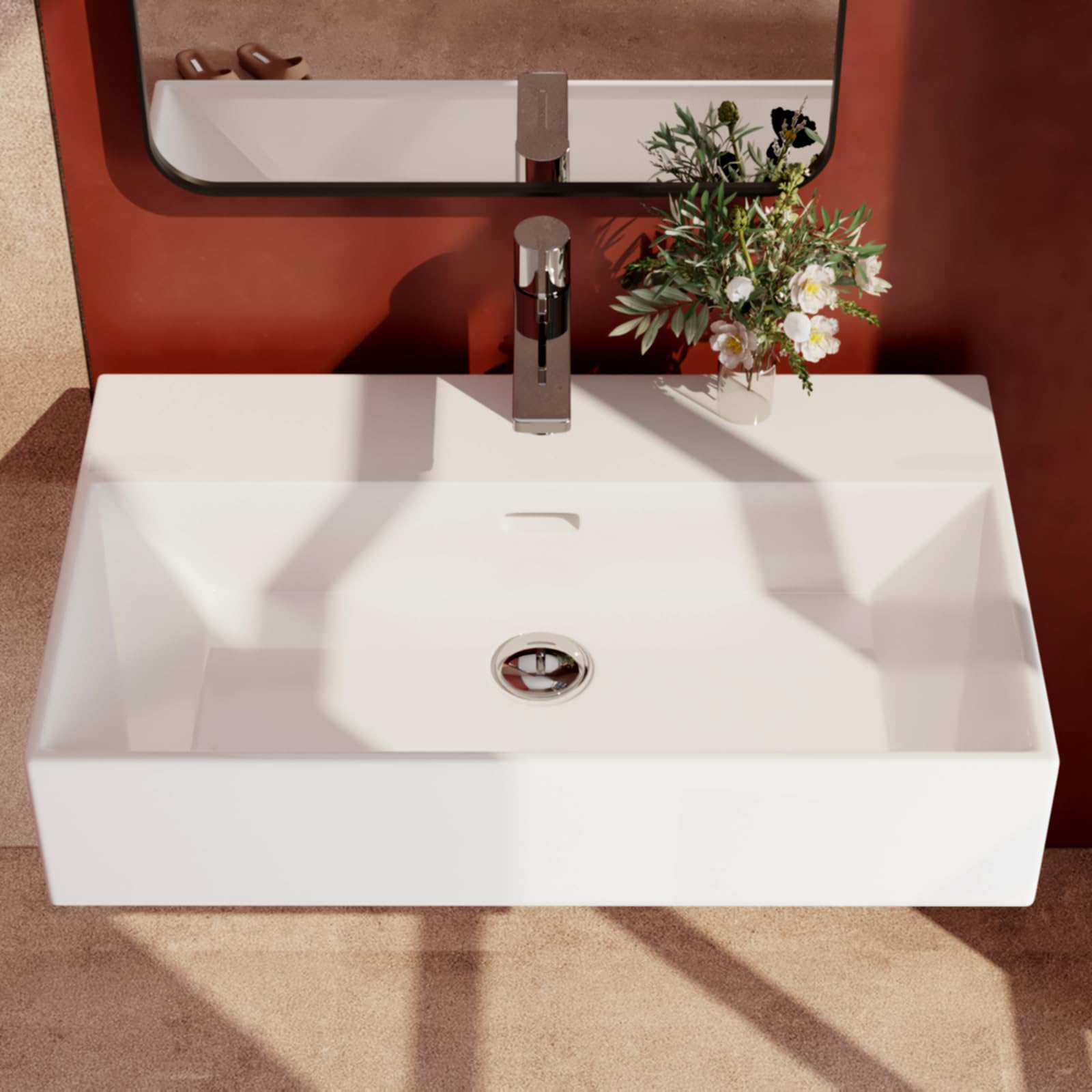 EMKE Waschbecken Eckiges Design Handwaschbecken, Hochwertige Keramik Hängewaschbecken mit dünnem Rand, Waschtisch Für Badezimmer Gäste-WC (600x360x130mm, Weiß)
