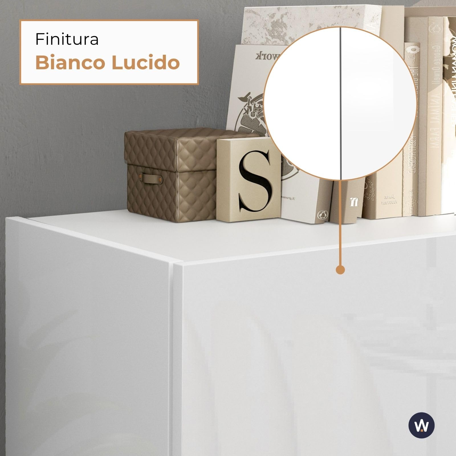 WHOUS Mobile Porta TV VELA per Soggiorno con 4 Ante e 2 Vani Interni, Mobile Tv per Salotto in Legno, 180x35x45,4 cm, Bianco Lucido