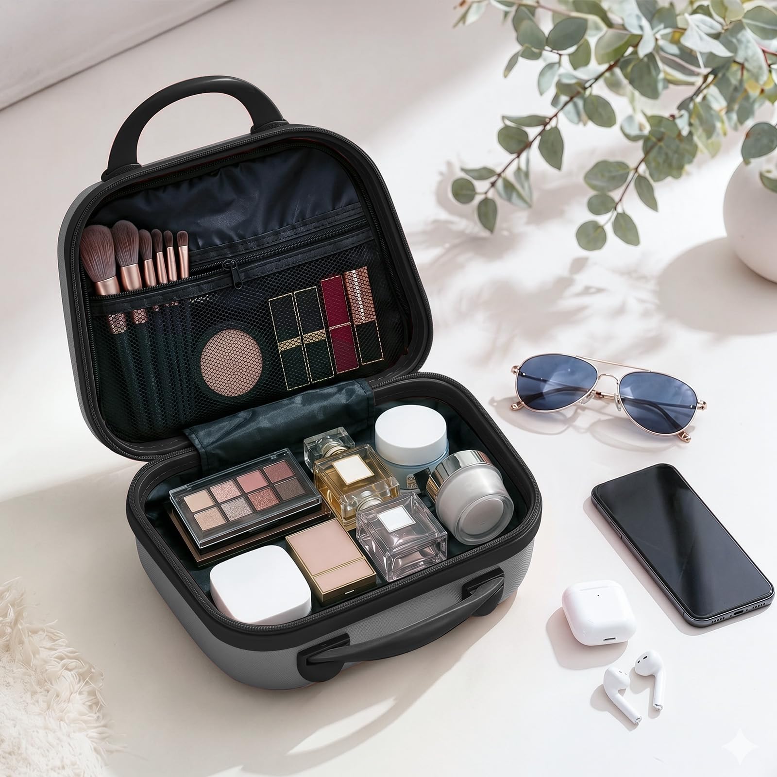 LEADZM Koffer Set 5 teilig Hartschale mit Kosmetikkoffer, Kofferset mit verstärkten Ecken, Reisekoffer mit Rollen Groß, Handgepäck, Hartschalenkoffer Set aus ABS, Koffer & Trolleys (Dunkelgrau)