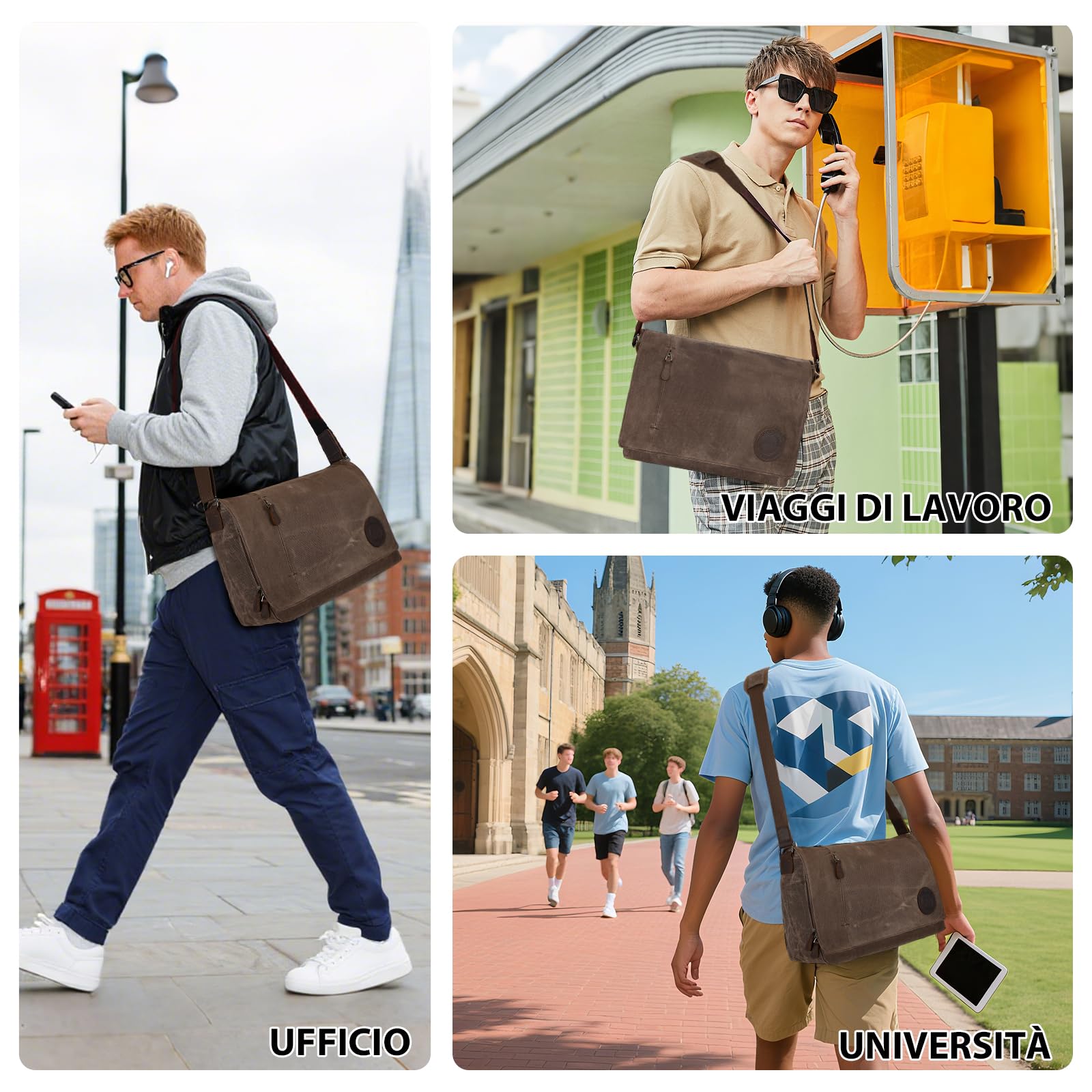 Leathario Borsa a Tracolla Uomo per Laptop 14 Pollici, Modello Messenger in Pelle Vera e Tela per Lavoro, Università e Scuola, Marrone