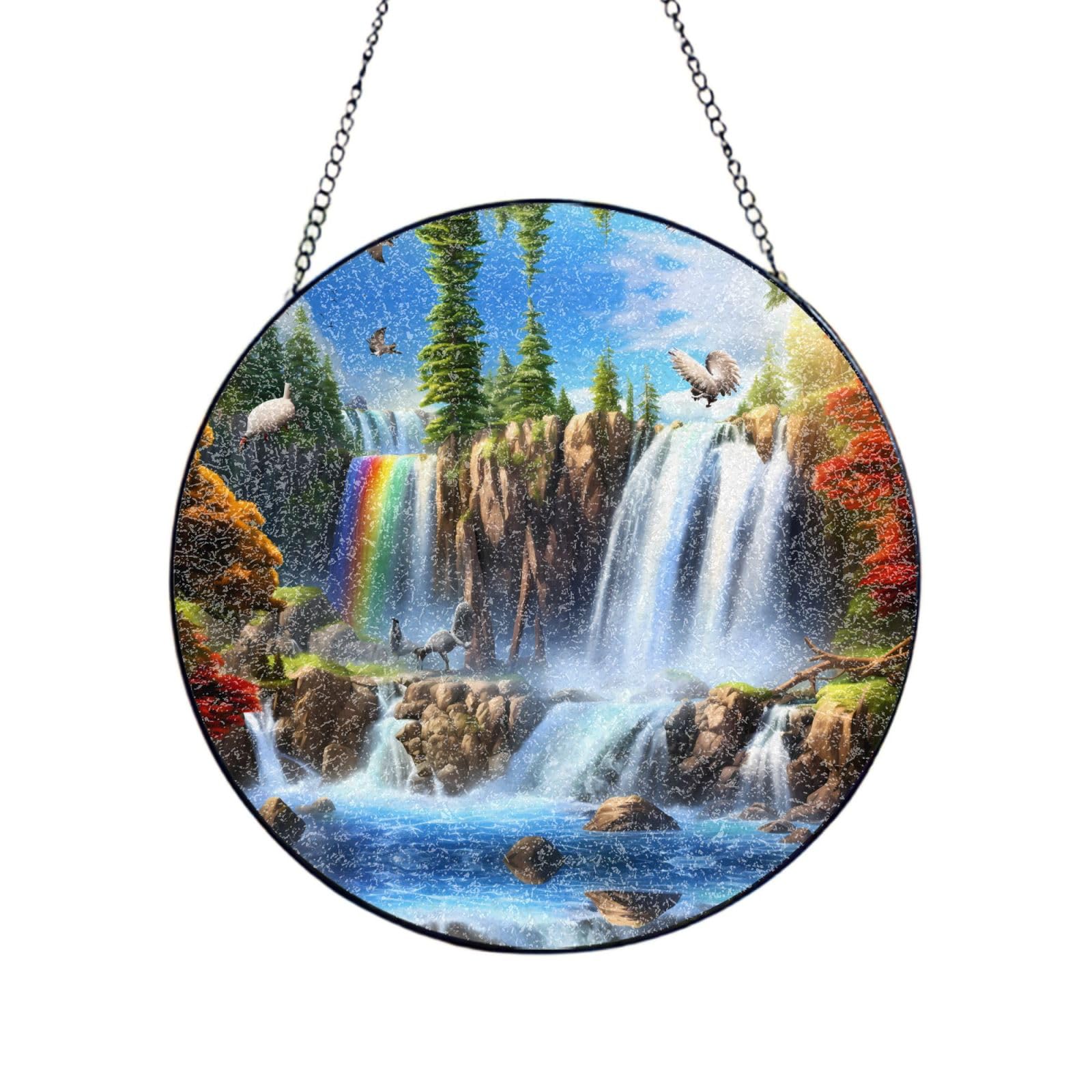 Poezjzw Stained Glass Window Hanging - Waterfall Flock Of Birds Sun Catcher For Door Garden Home Decor Christmas Mother'S Day Birthday Gifts 8in（20cm）