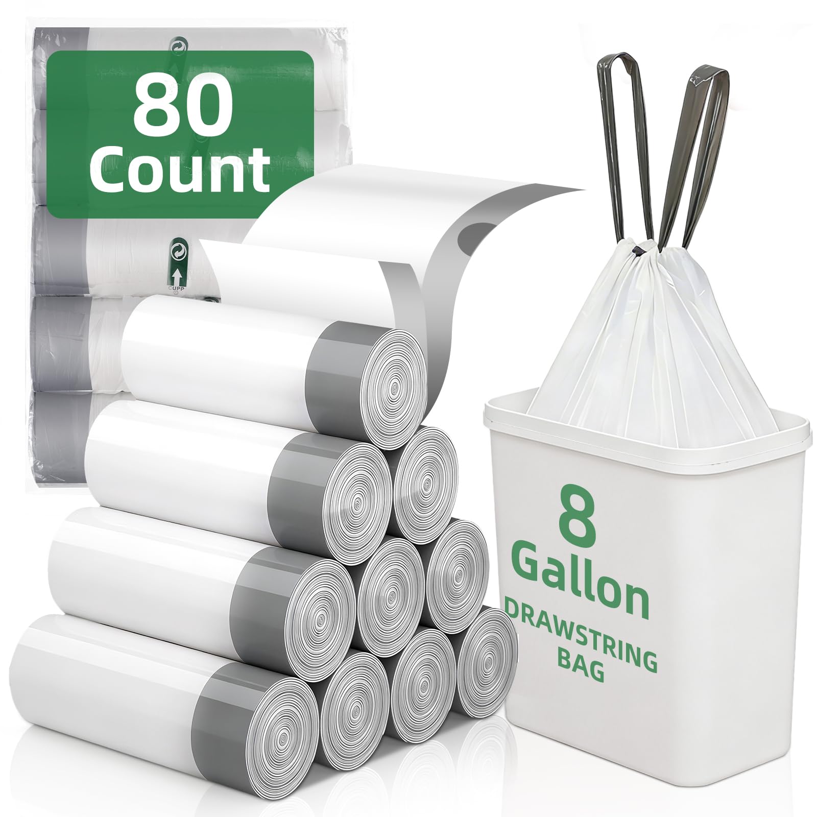 80 Counts 8 Gallon Trash Bag Drawstring Small Trash Bags, Thick Pre-separated Garbage Bags, Trash Bin Liners, Suitable for bathroom, kitchen, bedroom, office (White)