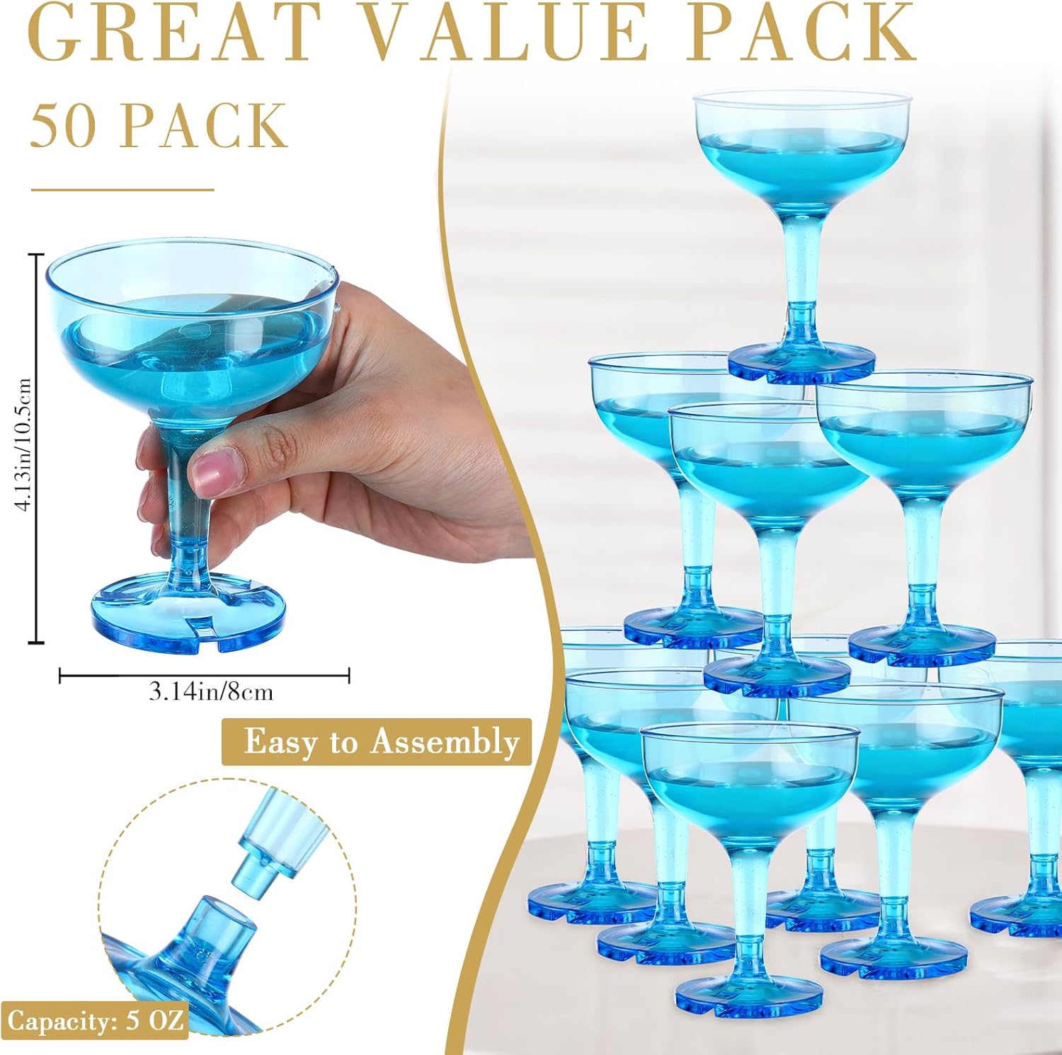 Zopeal 50 Pcs Champagne Glasses 5 oz Unbreakable Plastic Martini Glasses Disposable Wine Cups Stackable Stemmed Champagne Coupe Party Stem Cups for Valentine's Day Wedding Birthday Bar (Blue) - Image 2