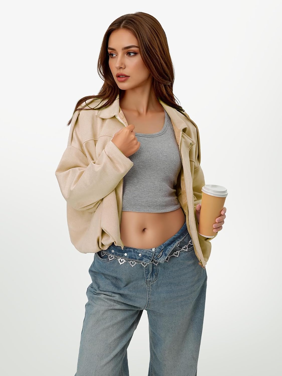 LEACOOLKEY Women's Faux Suede Bomber Jacket Casual Pilot Coat Oversized Spring Fall Batwing Long Sleeve Streetwear Outwear