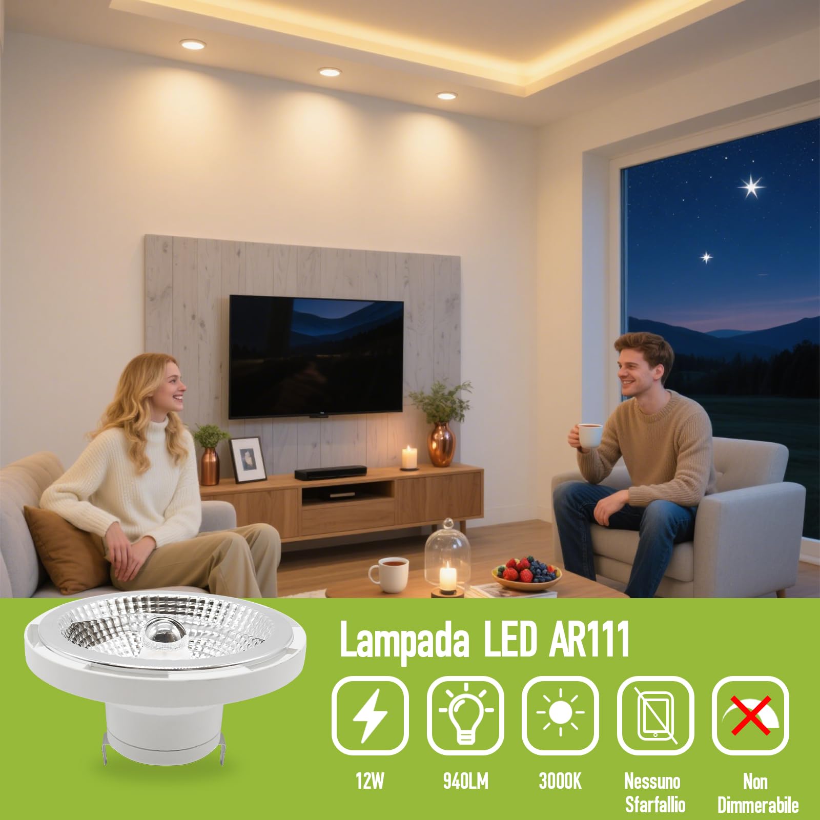 Faretto LED AR111 G53 12W Equivalente 75W Aalogena 3000K Bianco Caldo 940 Lumens AC/DC 12V Spot LED 45º Non Dimmerabile Ø111 x 68m