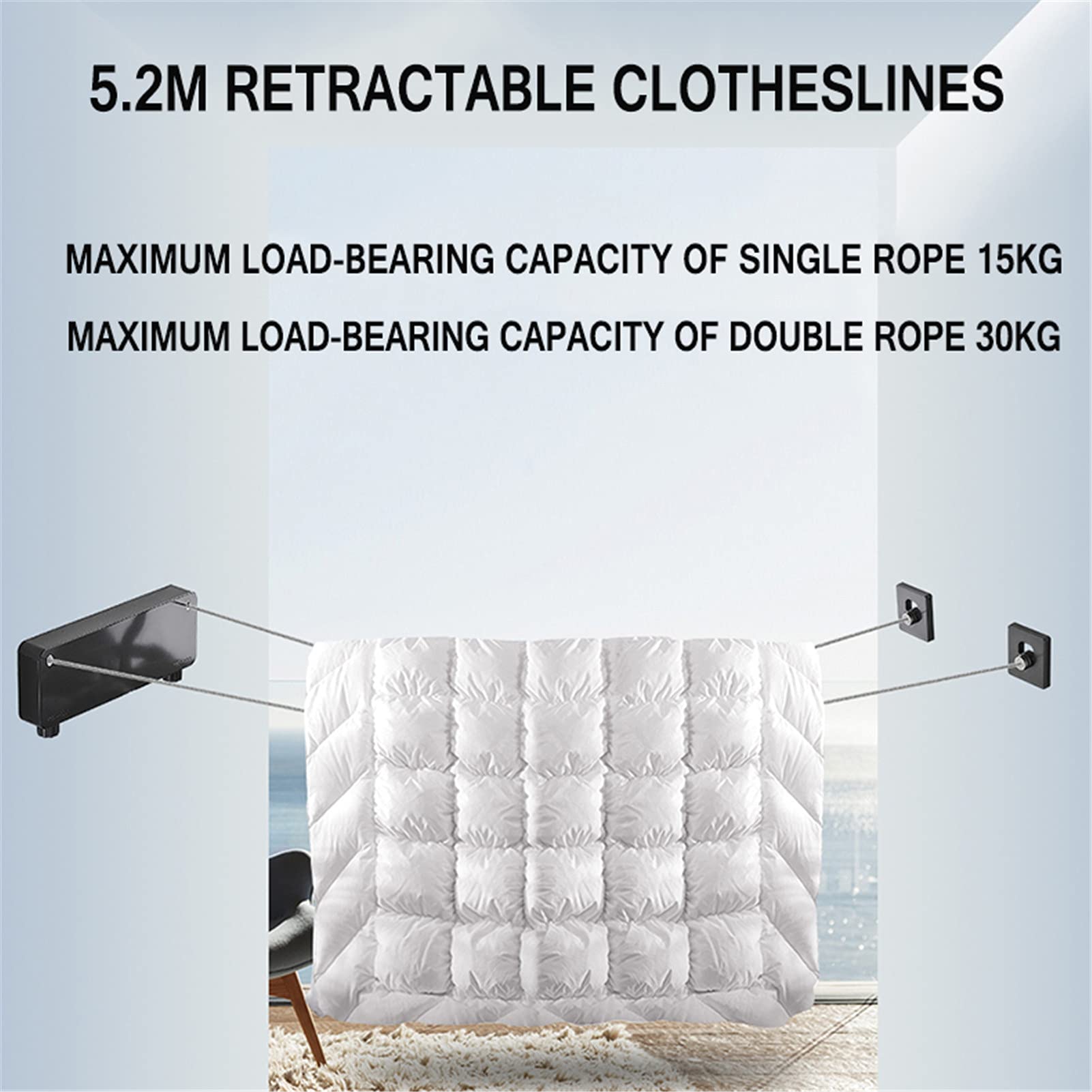 Corde À Linge Rétractable Double Fil d'acier De 5,2 M,sans Perçage Étendoir À Linge Extensible Murale pour Intérieur/Extérieur, Jardin, Blanchisserie, Balcon, Hôtel,Blanc