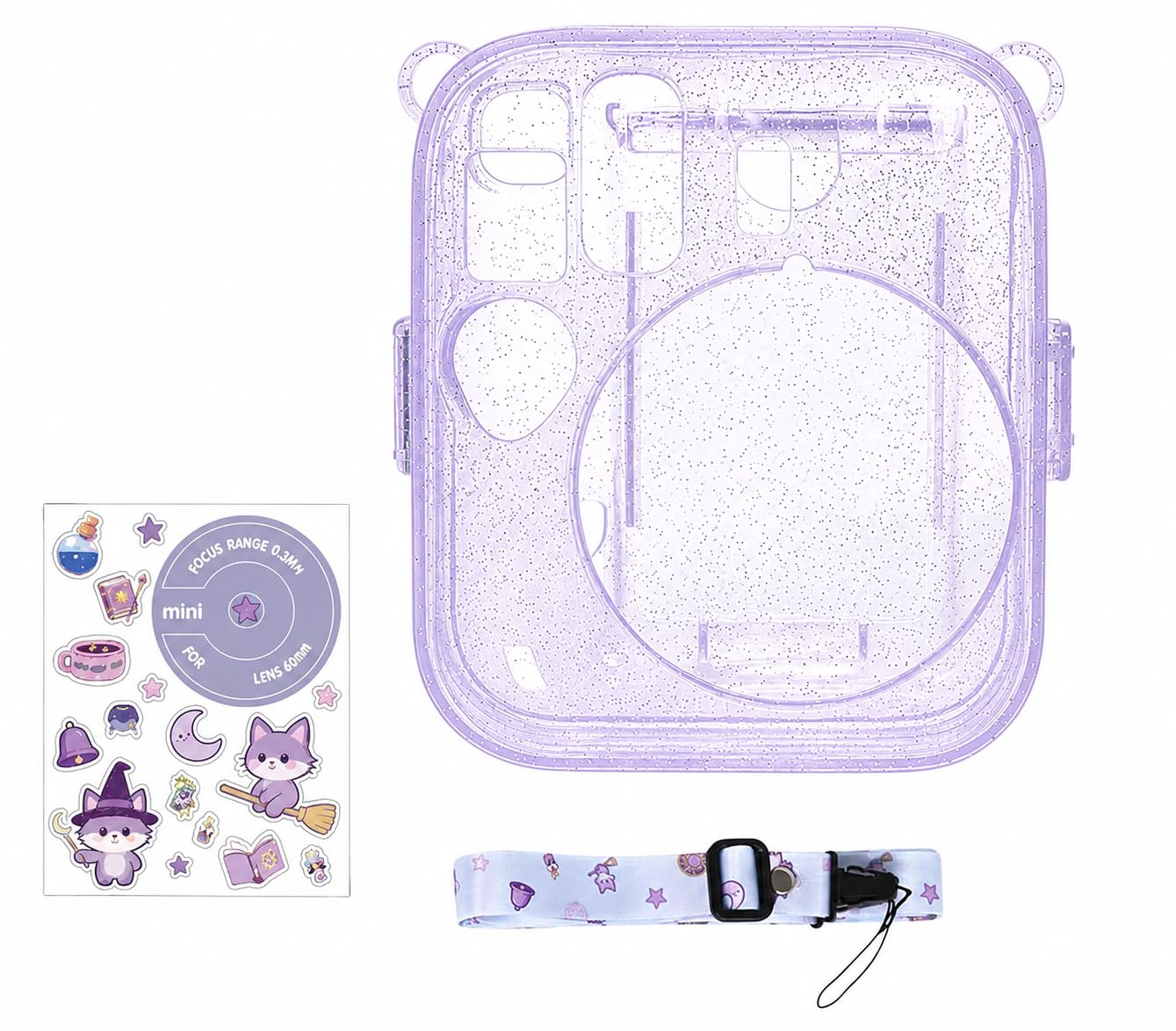 Transparent Glitter Camera case Compatible with Fuji-Film Instant Mini 13 ONLY - mini 13 Camera case, Cute Pattern Shoulder Strap and Pattern Stickers (NO Camera)- Dreamy Purple-picture-21