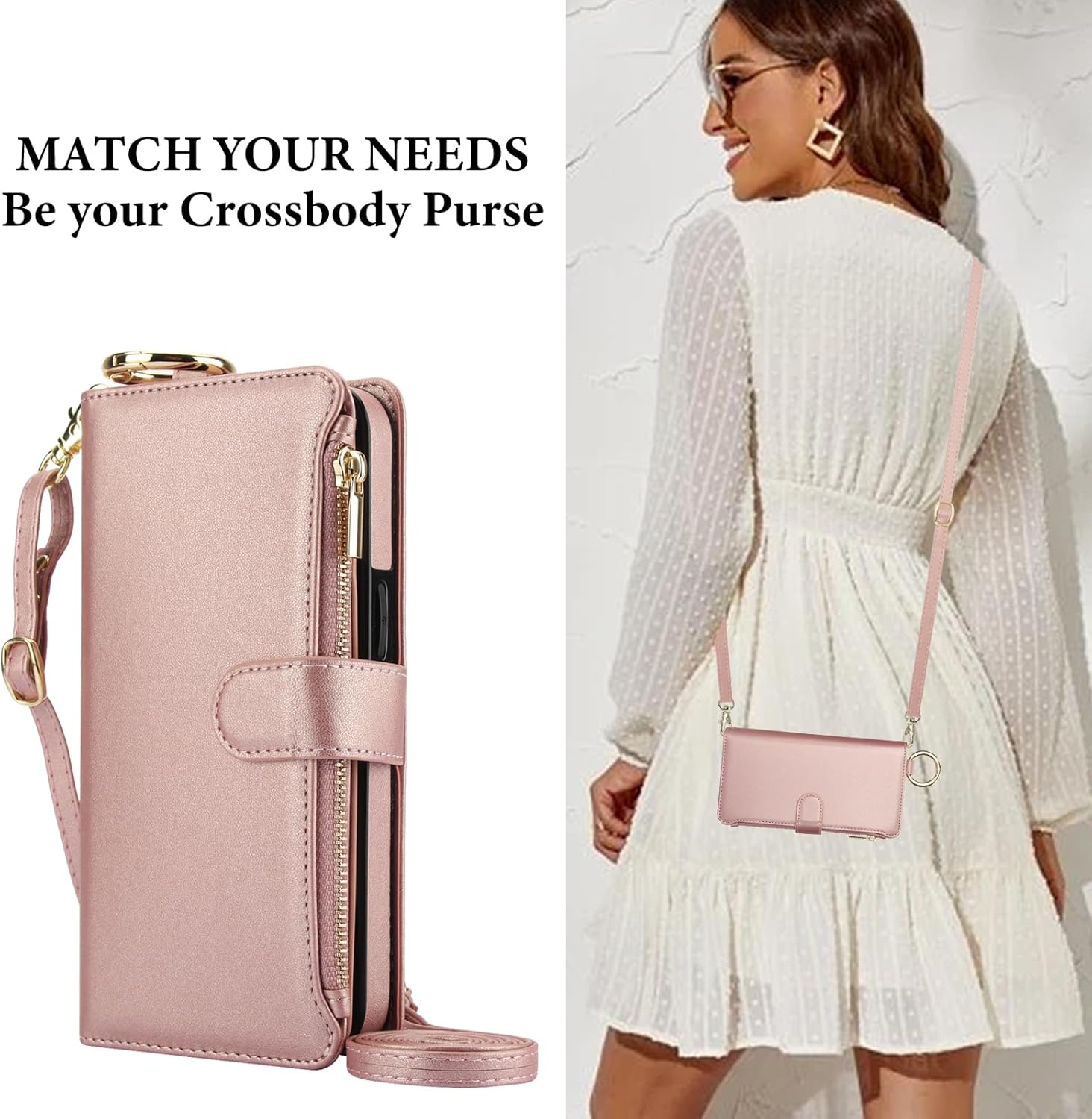 Asuwish Phone Case for Samsung Galaxy S24 5G Zipper Wallet with Tempered Glass Screen Protector Crossbody Strap Card Holder RFID Blocking Stand Flip TPU Cell Cover S 24 24S G5 Women Girls Pink