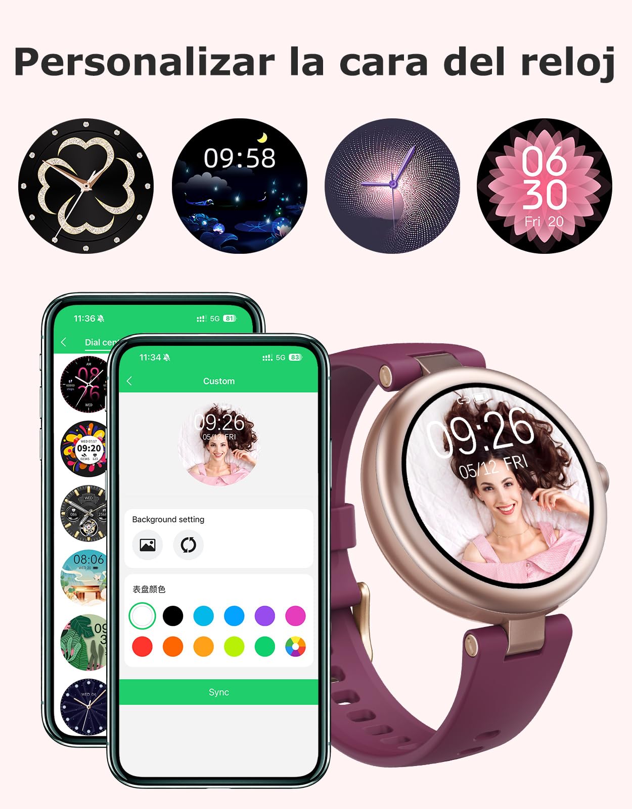 Reloj Inteligente Mujer con Llamadas Bluetooth 5.3, Pantalla AMOLED 1.09" Redondo y Pequeño, 5ATM Impermeable, Whatsapp Notifications, Pulsómetro, SpO2, 100+ Deportes, Android/iOS, Morado