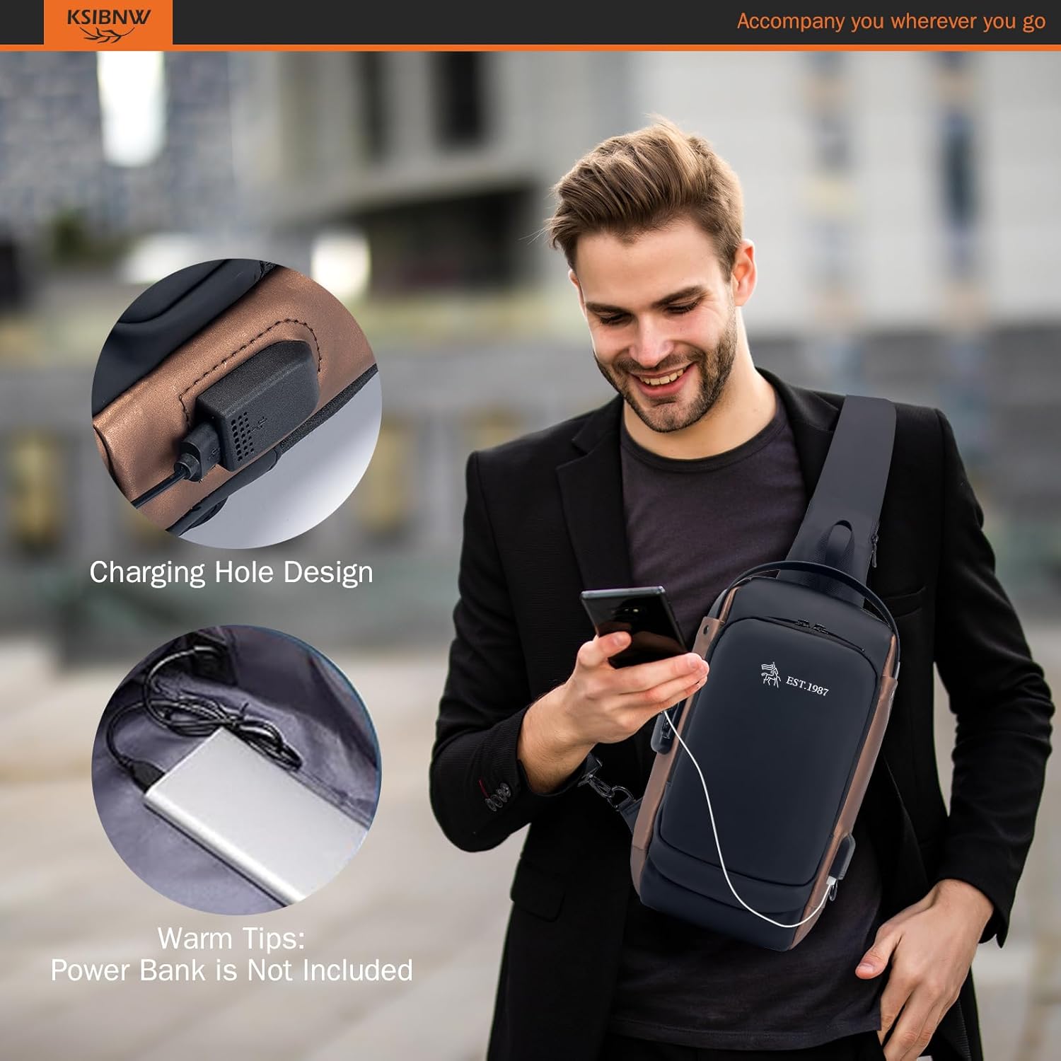 KSIBNW Sling Backpack Anti-theft Crossbody Chest Sling Bag with USB Charging Port Daypack PU Leather Shoulder Black Daypack Fanny Pack for Women Men - Image 2