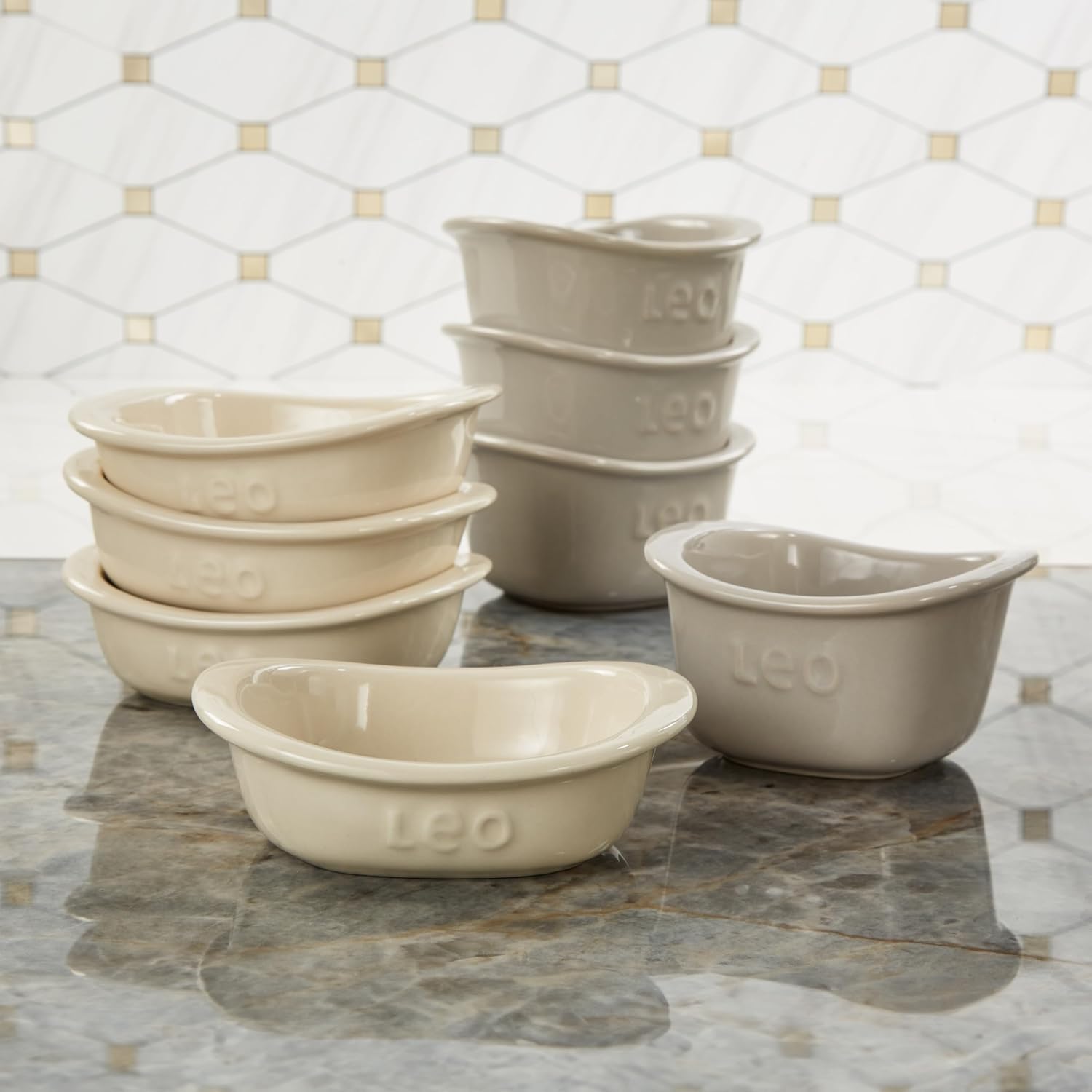 BergHOFF Balance 8Pc Square Ramekin Set Non-porous Ceramic Bakeware for Baking Souffle Serving Dishes Safe Grip Wide Handle Oven Safe Up To 464°F