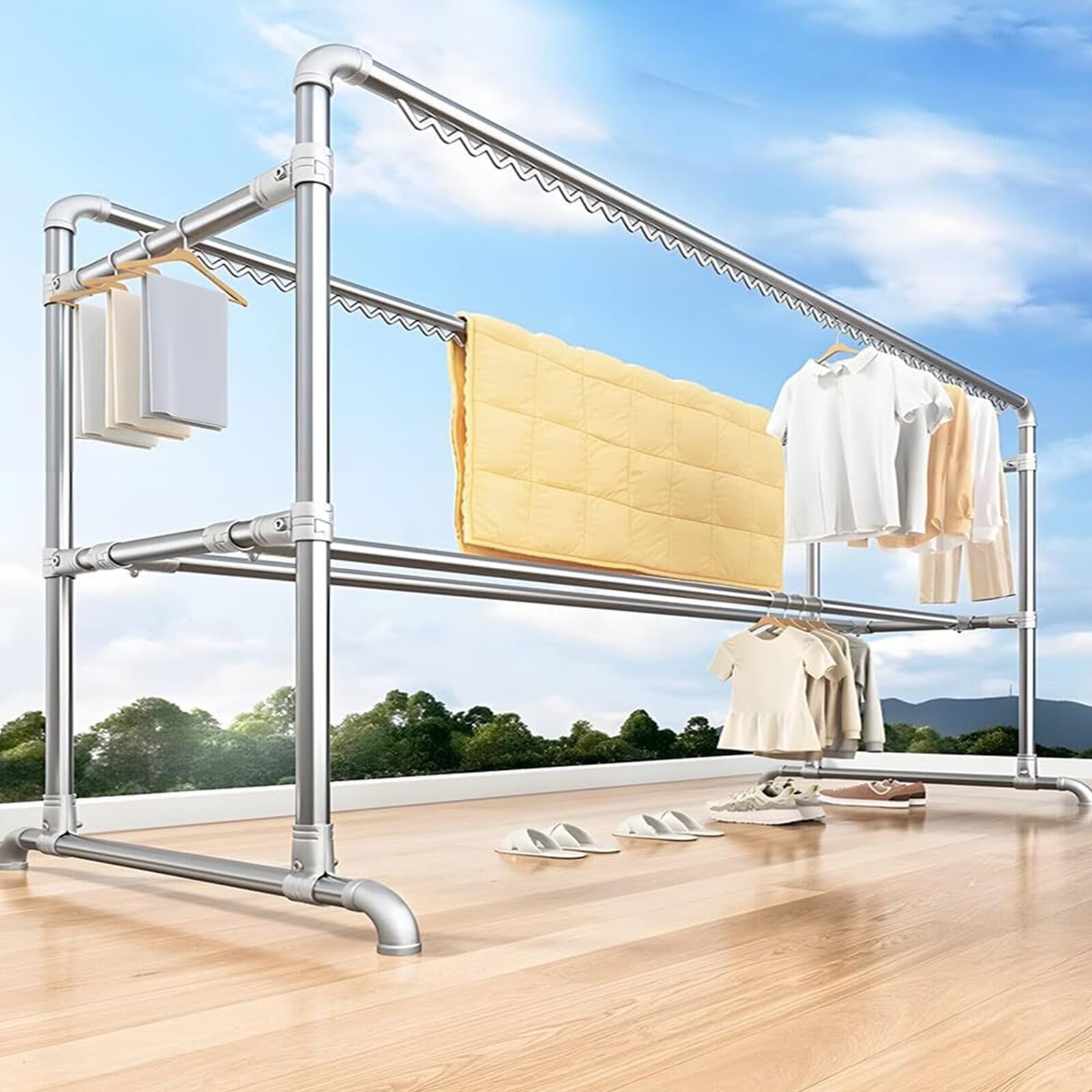 TUOYIBO Drying Rack Clothes, Clothes Drying Racks with Double Pole, Adjustable, Metal Laundry Rack with Storage Bottom Shelf, Clothing Hanger for Laundry 600LB Load Capacity for Courtyard