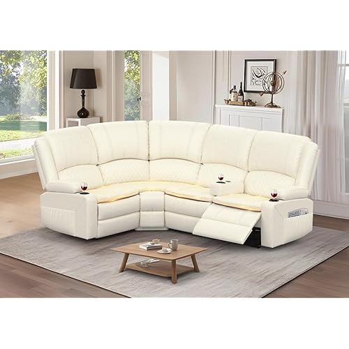 Manual Reclining Sectional Sofa Set, 4 Seats Soft Leather Recliner Corner Sectional Couch, Family-Sized L-Shaped Recliner Couch with USB Charging, Thickened Padding, Sturdy Frame, White
