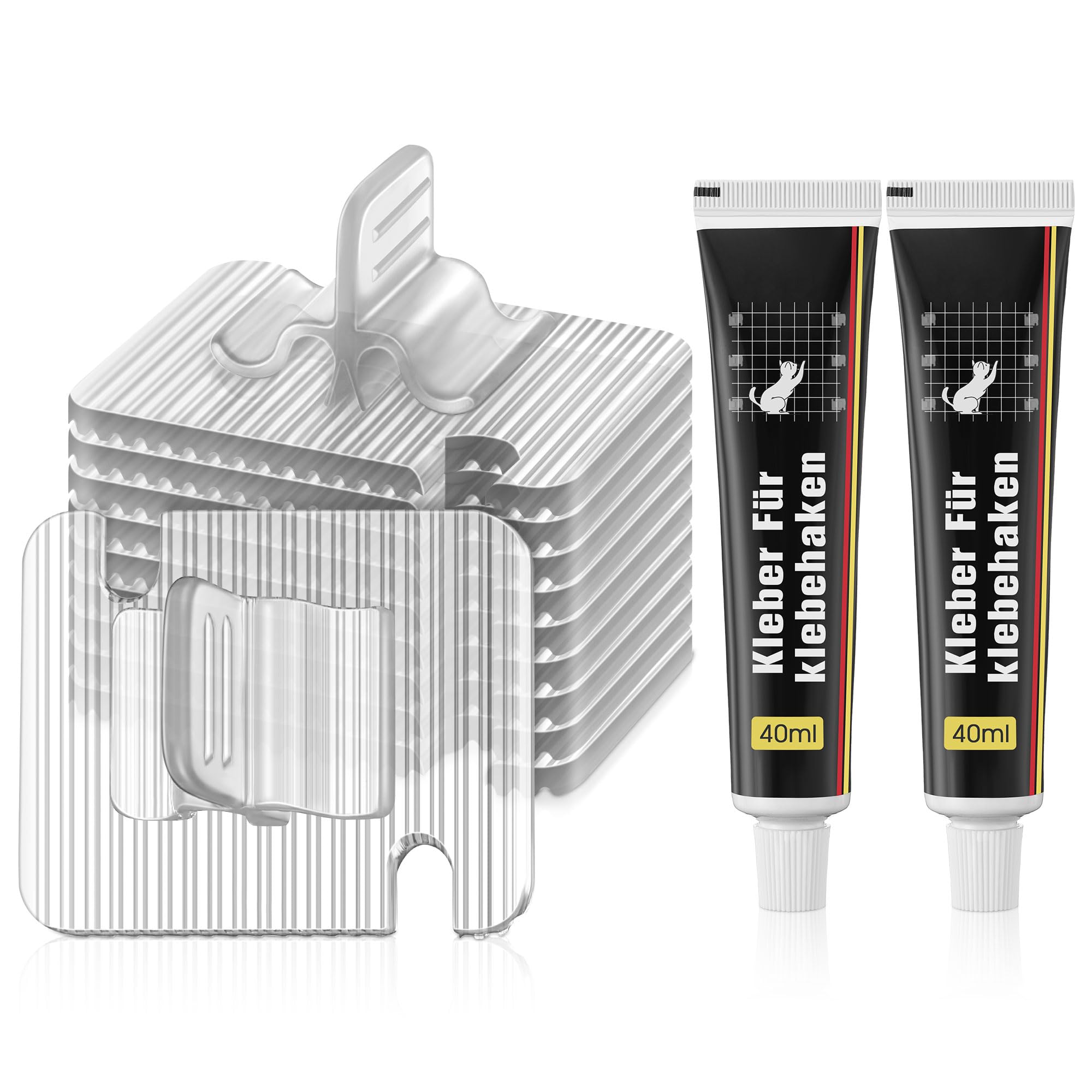 Enhon 50 Piezas Ganchos Adhesivos para Red Gatos con 2 Adhesivo Extrafuerte 40 ml, Gancho Red Gatos Ventanas sin Taladro, Impermeable PC, Resistente a los Rayos UV Ideales para Terraza Redes de Balcón