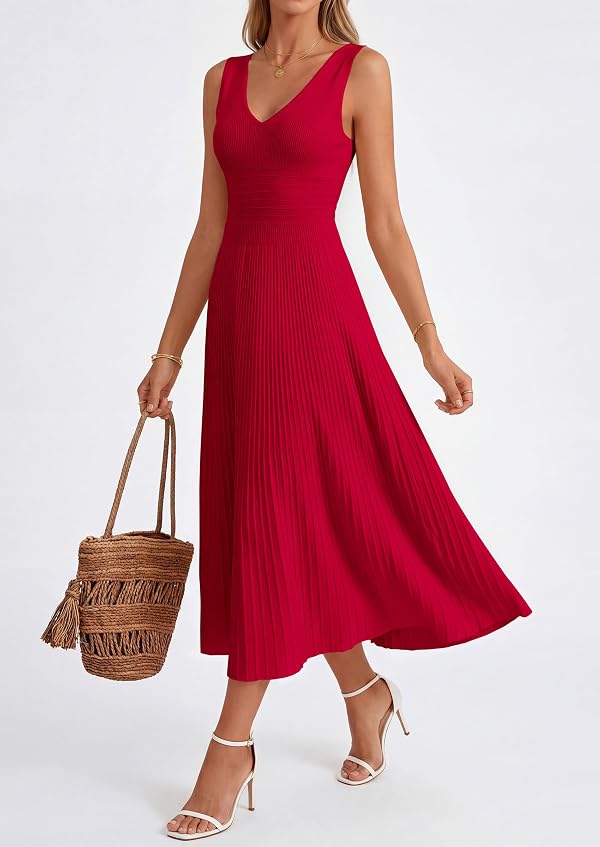 PRETTYGARDEN Women's Summer V Neck Pleated Midi Dress,Red,S by PRETTYGARDEN - Used condition - Image 5