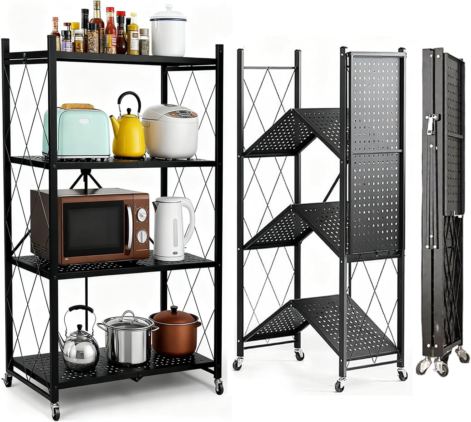 Foldable Storage Shelves with Wheels, 4-Tier Heavy Duty Metal Rack Shelving Unit with Locking Wheels, Folding Tool Free Assembly Shelf in Seconds for Kitchen, Garage, Pantry, Office Storage, Black