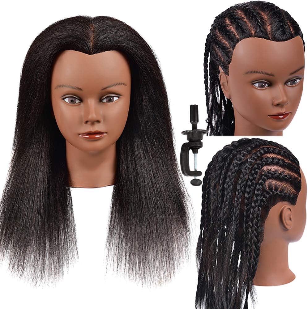 16 Inch 100% Real Hair Mannequin Head Training Head Manikin Cosmetology Doll Head for Hairdresser Practice Braiding Hair Styling with Clamp stand