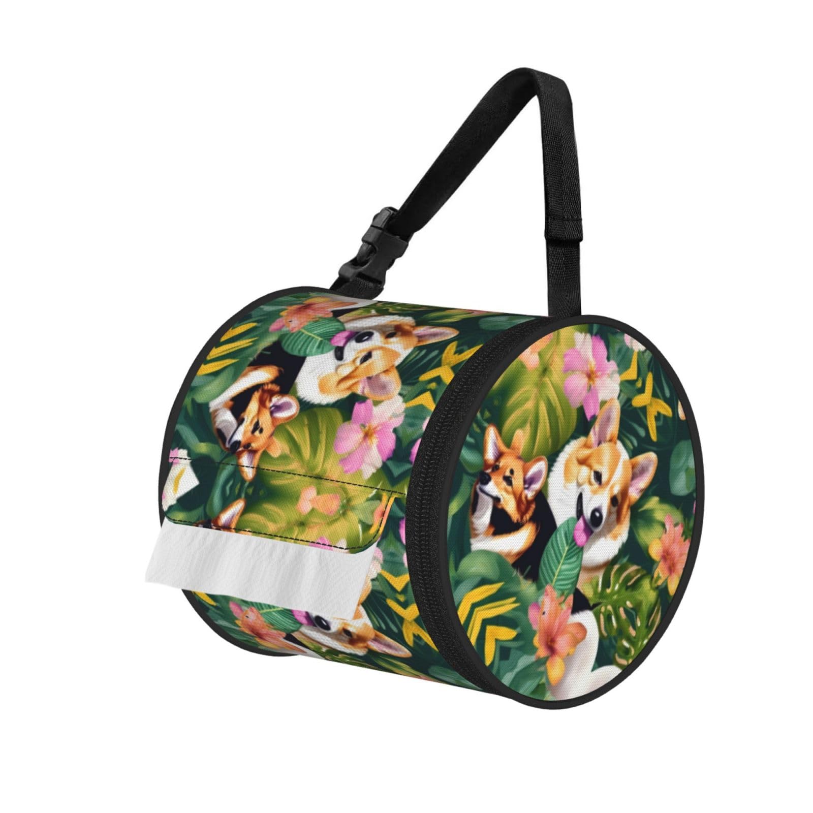 Jiuty Black Tropical Flower And Corgi Print Cylinder Tissue Organizer Bag With Strap, Portable Toilet Roll Holder For Camping Car