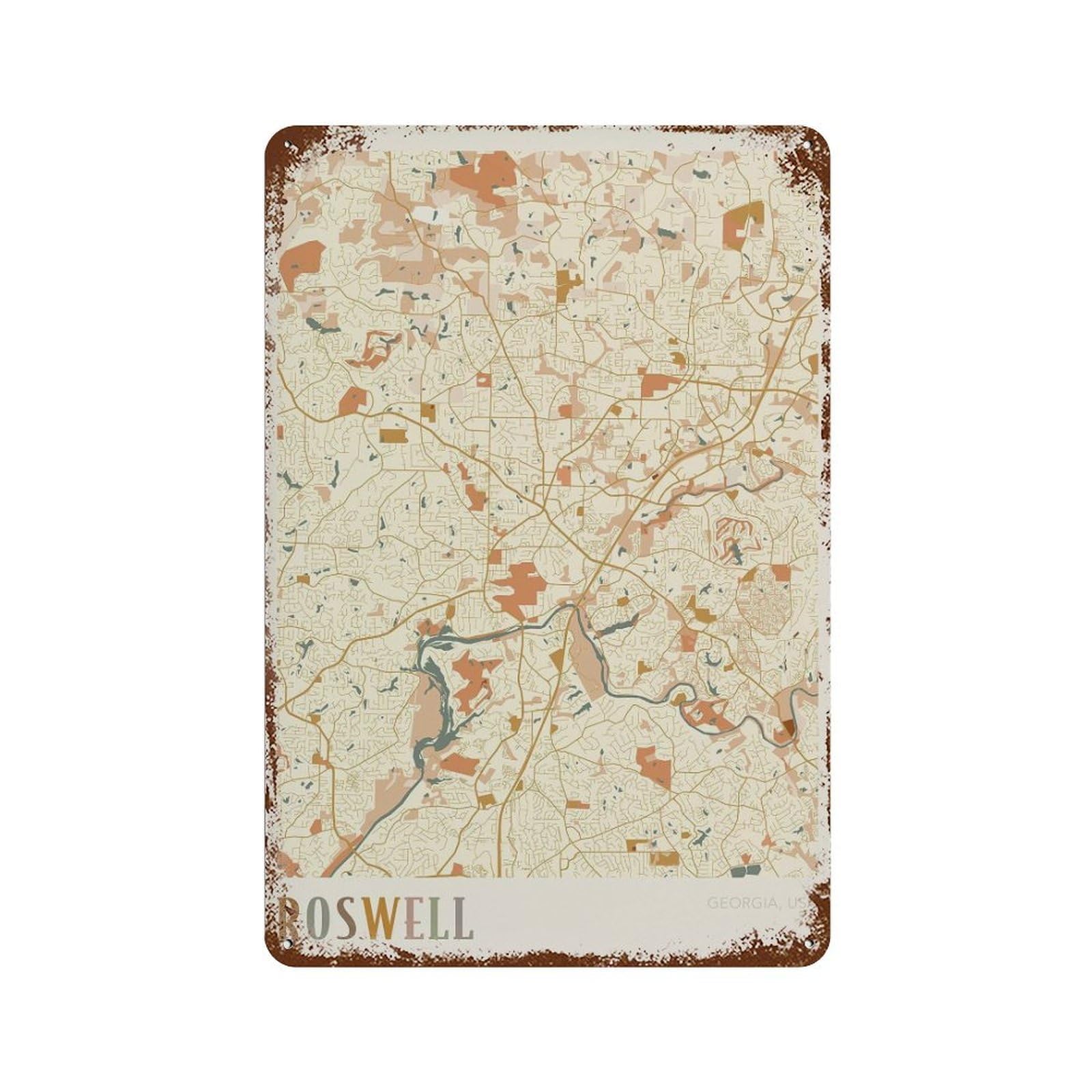 xiaoxiaoshen Roswell Map Georgia Travel Gift Boho Kitchen Decor Wall Decor Art Metal Tin Poster Modern Home Decor Art Home Bar Shop Decorations Vintage Sign 30x20cm