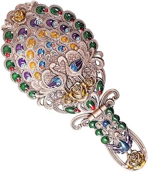 HOMEGARDEN Peacock-Design Hand Mirror & Comb Set | Multi-Colored | Brass Finish | 8.5 Mirror & 6 Comb | Decorative Vanity Accessory