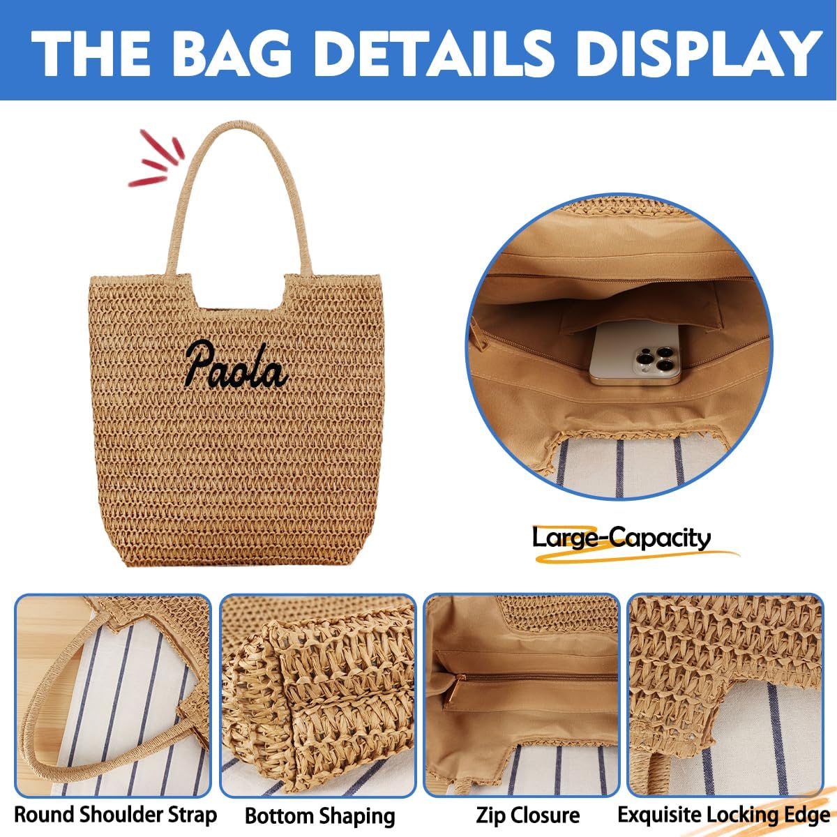 Ulico Personalized Straw Beach Bags for Women, Large Tote Bag with Embroidered Name， Lightweight Foldable Shoulder Bag