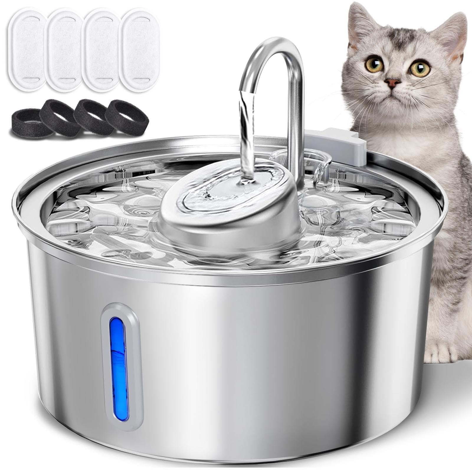 Cat Drinker 3.2L, Ultra Quiet Pet Water Fountain with LED Light - Quadruple Filtration, Ultra Quiet, Automatic Water Dispenser Bowl with Perspective Windows