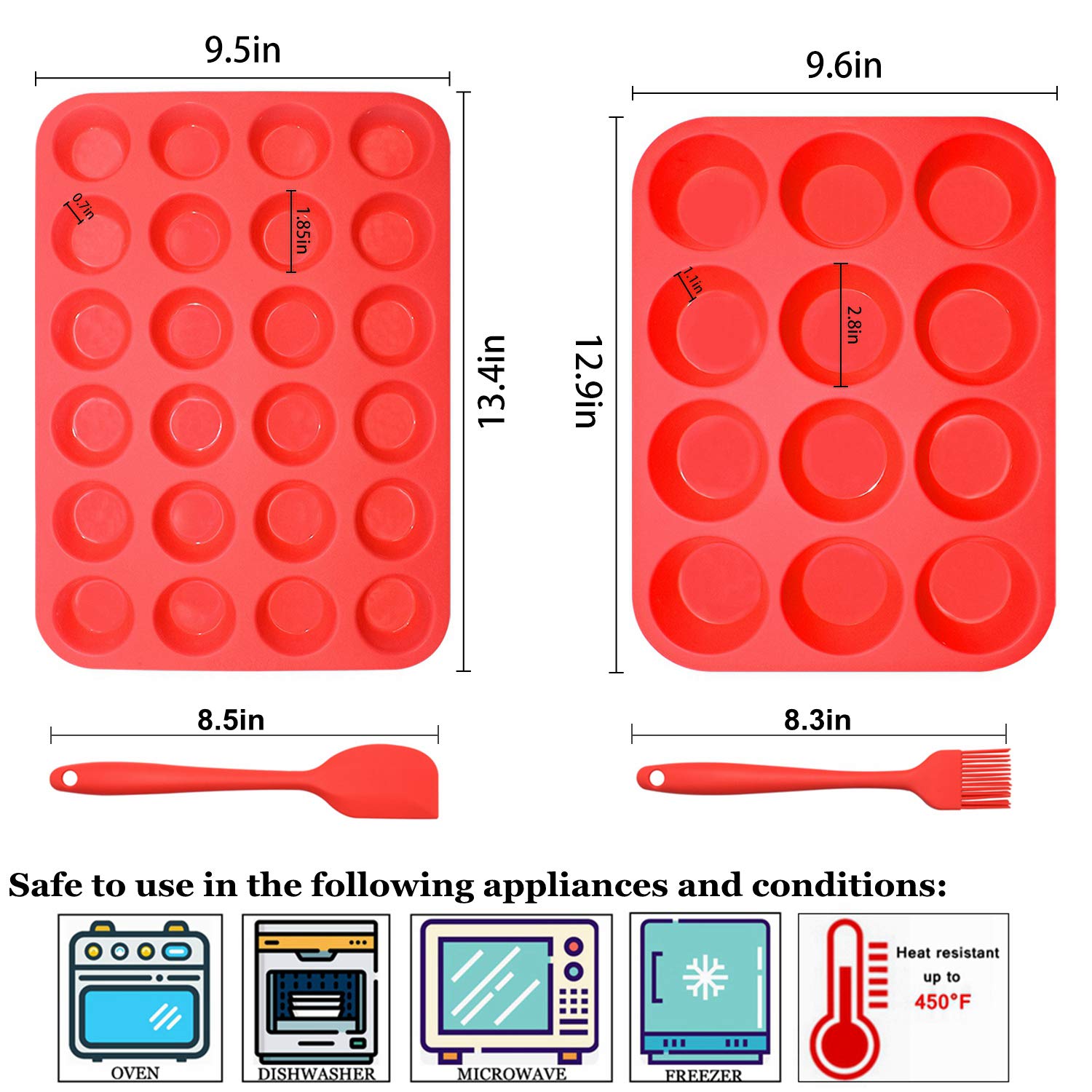 Silikon Muffinform Set,Regular 12 Tassen und Mini 24 Tassen Cupcake Backform, antihaftbeschichtet, hitzebeständig, Lebensmittelqualität Silikon Backformen mit Bonus 1 Silikonspatel & 1 Ölpinsel (rot)