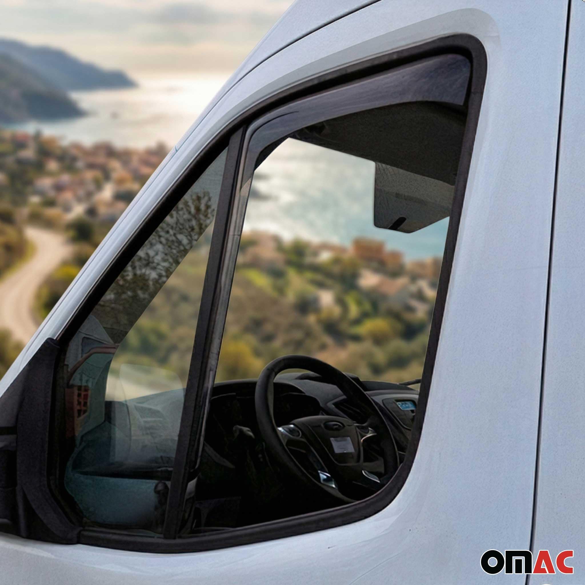 OMAC Windabweiser Regenabweiser kompatibel mit Ford Transit 2014-2025 Dunkel Acryl 2tlg