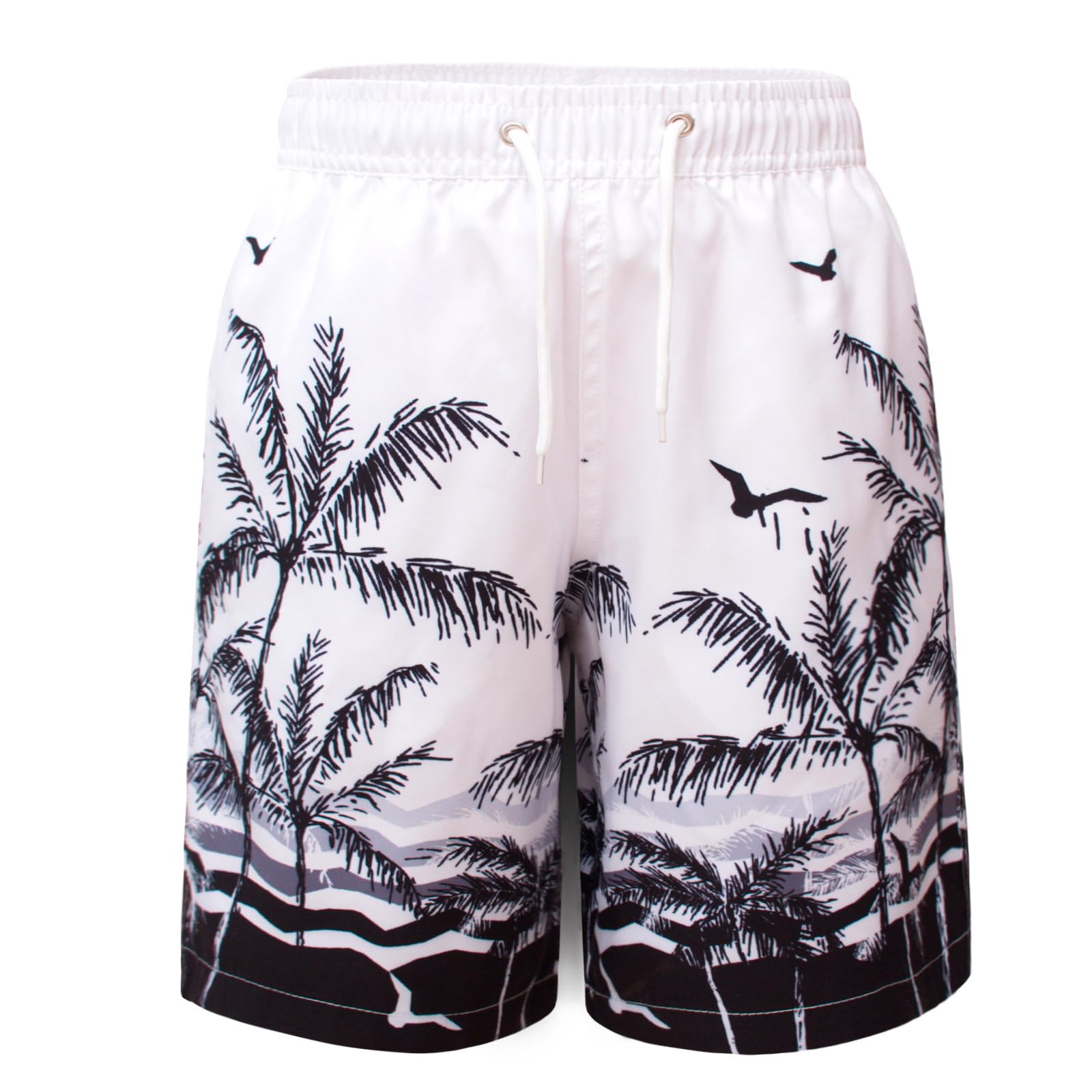 MEILONGER Costume da Bagno Pantaloncini da Bagno Estivi per Ragazzini Bambini Foderate in Rete Asciugatura Rapida 6-20 Anni(Bianco Nero(Albero), 14-16)