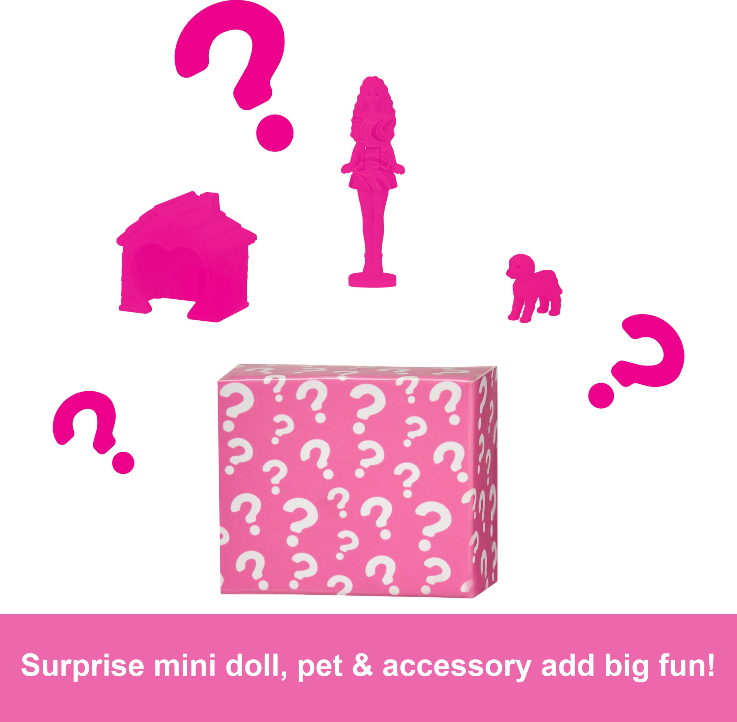 Barbie Zestawy domków dla lalek Mini BarbieLand, mini domek marzeń z 1,5-calową lalką Barbie z niespodzianką, meblami i akcesoriami oraz windą i basenem, HYF47
