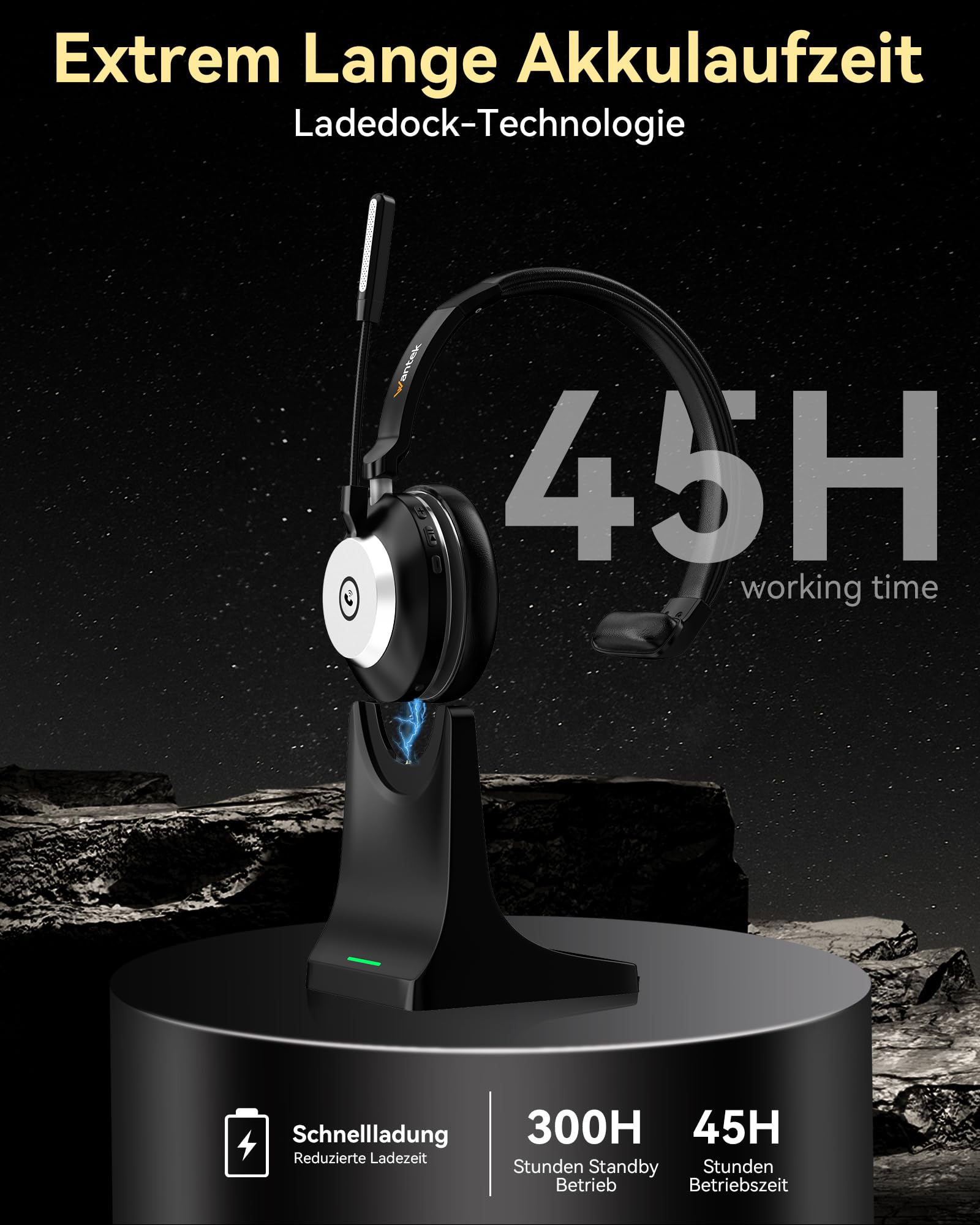 Wantek Bluetooth-Headset mit Mikrofon (EIN-Ohr) für PC, V5.2, Kabelloses Headset mit Rauschunterdrückungs-Mikrofon, USB-Dongle & Ladestation, Stummschalttaste für Arbeit, Handys, Computer