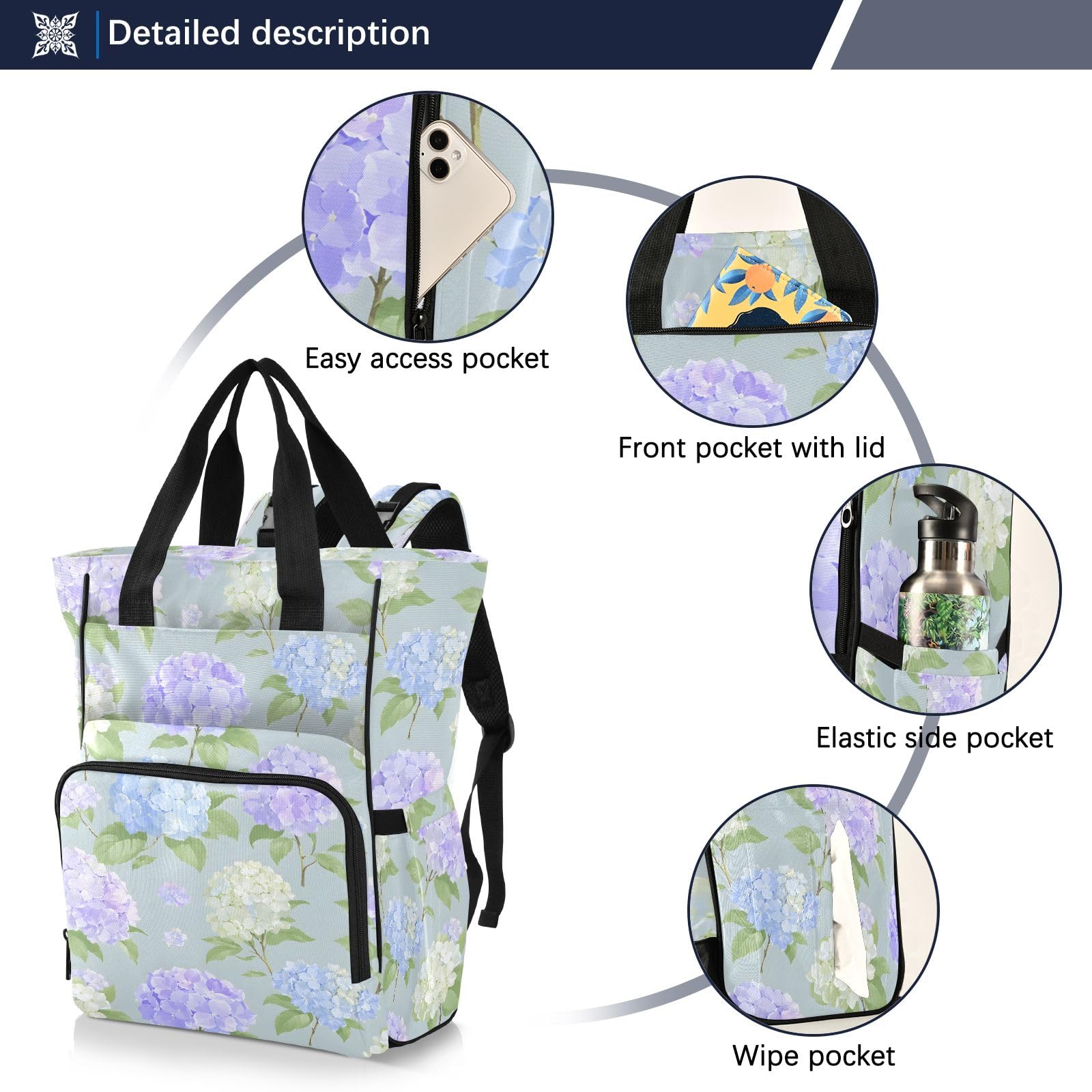 Mnsruu Zaino per pannolini per bambini con motivo ortensia blu grande borsa impermeabile per pannolini da viaggio per mamme e papà