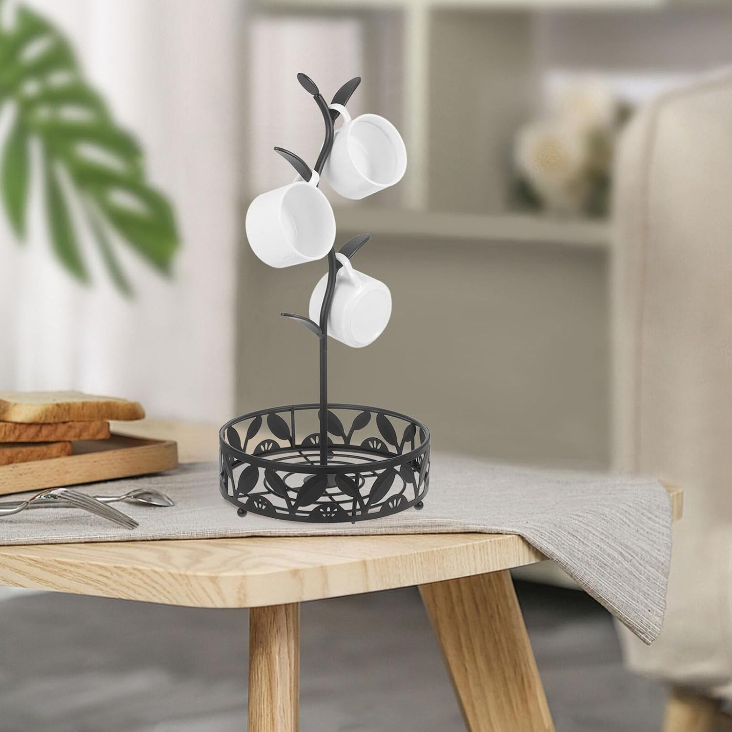 Cabilock Coffee Mug Holder Tree Stand with Tea Bag Storage Tray Art Cup Rack for Kitchen Organization Elegant Mug Drainer and Display Stand Space-Saving Design