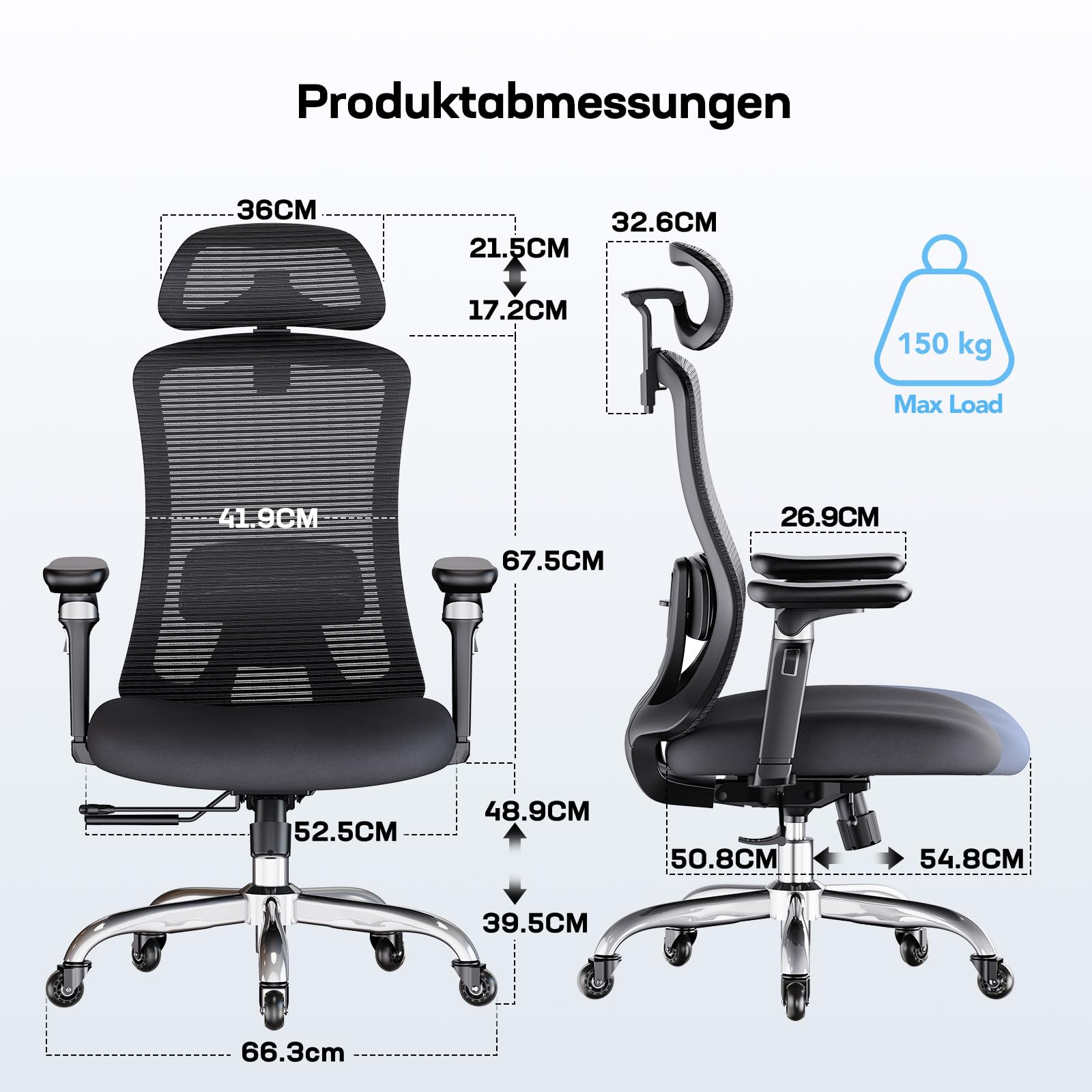 Marsail Bürostuhl mit 6D-Armlehnen, 3D-Verstellbarer Kopfstütze, Schiebesitz, Lendenwirbelstütze, 4-Position-Neigungsschloss – hoher und großer Schreibtischstuhl mit Kapazität von 150kg, Schwarz