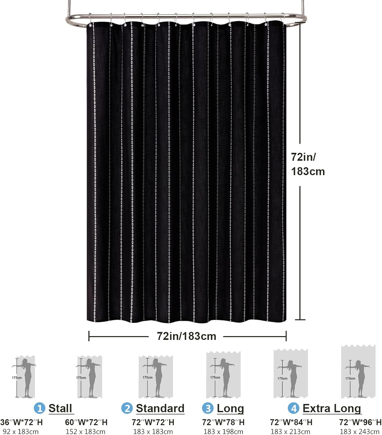 VANZAVANZU Boho Plaid Shower Curtain Black, 330 g/m² Polyester Linen Blend Fabric Waterproof Coating Shower Curtains for Bathroom, Farmhouse Rustic Shabby Chic Neutral Bathroom Curtain Set 72”x 72”