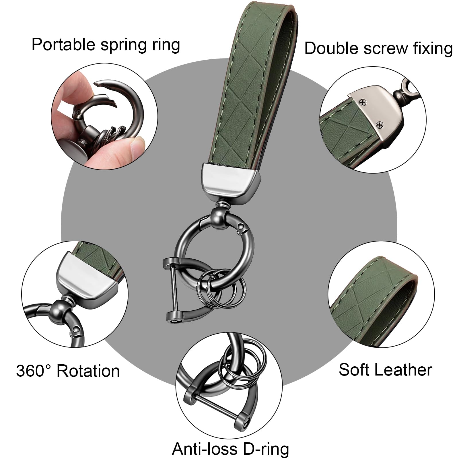 STACCTE Leather Keychain, Universal Car Key Holder, Anti-lost D-ring, 360 Degree Rotatable Key Fob Keychain for Men and Women (Green)
