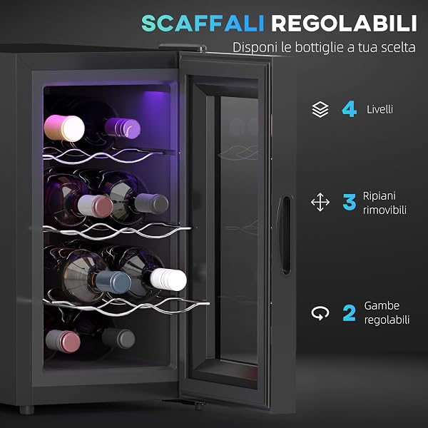 HOMCOM Cantinetta Vino Refrigerata 8 Bottiglie 21L, Cantina Vino Monotemperatura 8-18℃, con Display Touch, Luci LED, Vetro Anti UV, Ripiani Regolabile, Termoelettrico, Classe E, Nero - 5