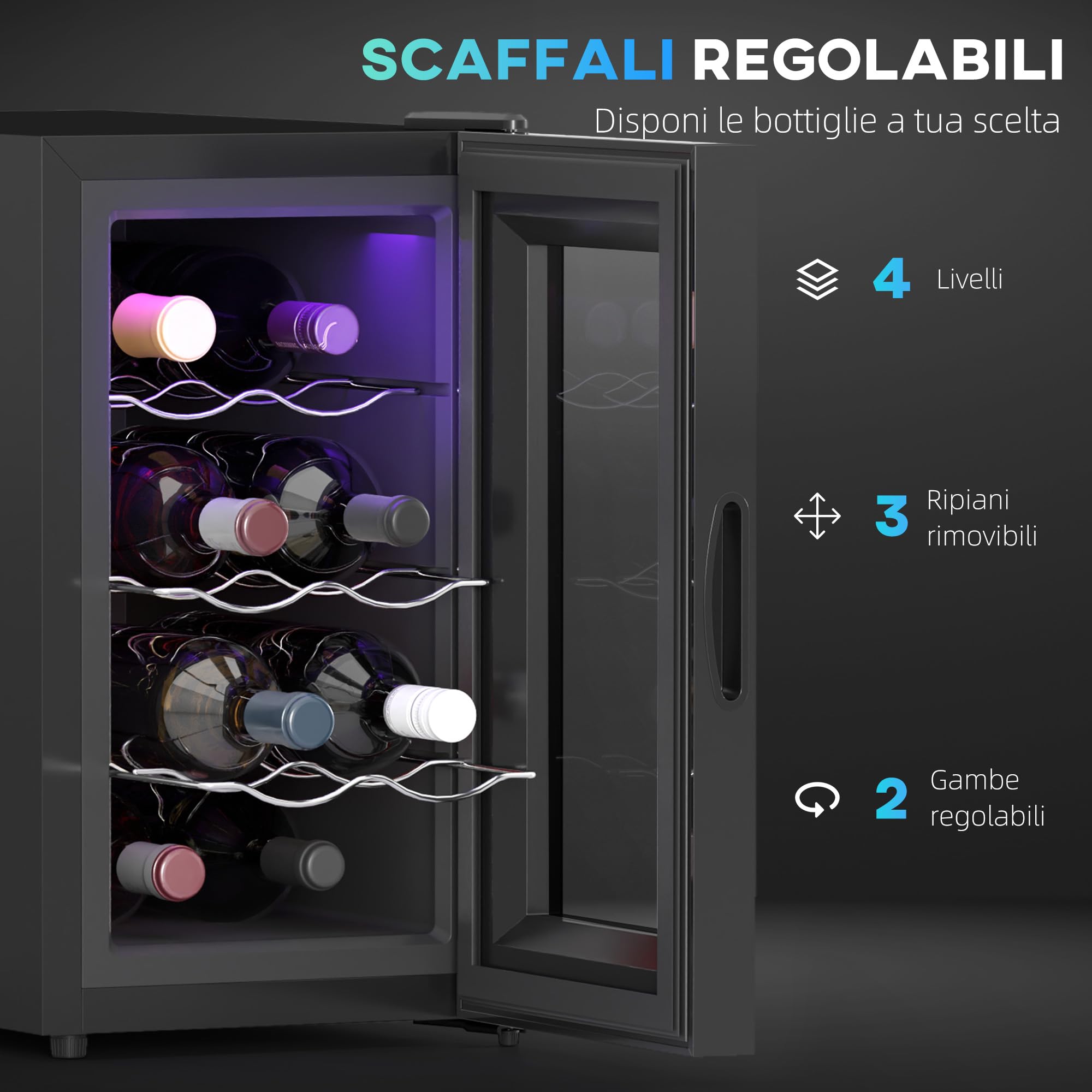 HOMCOM Cantinetta Vino Refrigerata 8 Bottiglie 21L, Cantina Vino Monotemperatura 8-18℃, con Display Touch, Luci LED, Vetro Anti UV, Ripiani Regolabile, Termoelettrico, Classe E, Nero