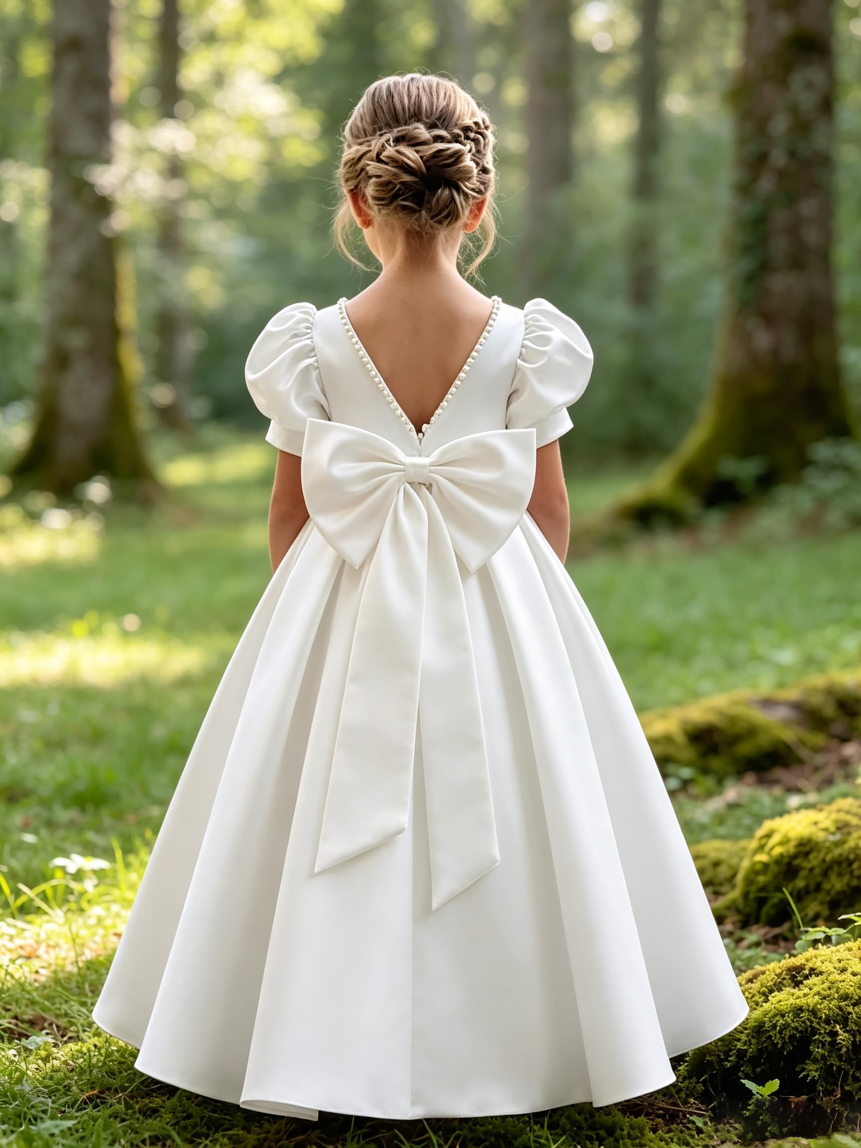 Vestido de niña de Flores de satén Blanco con Cuello Perlado, Espalda en V, Vestido Largo de comunión con Mangas Cortas abullonadas, Vestidos Formales de Boda.