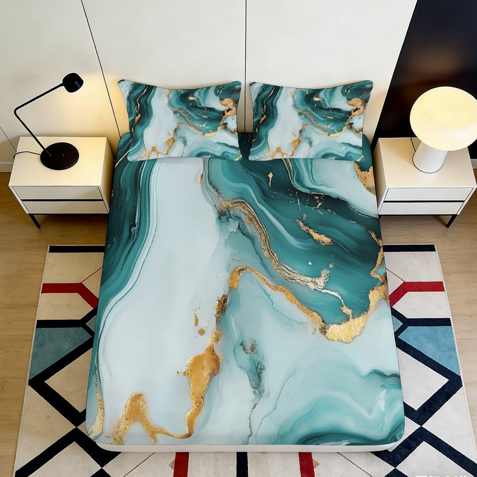 Pnayamiorkfel Style-1 3D Printed Emerald Marble Fitted Sheet Microfiber Soft Bedroom Decor Gold Vein Bed Cover Anti-Slip Machine Washable 90X200x25cm