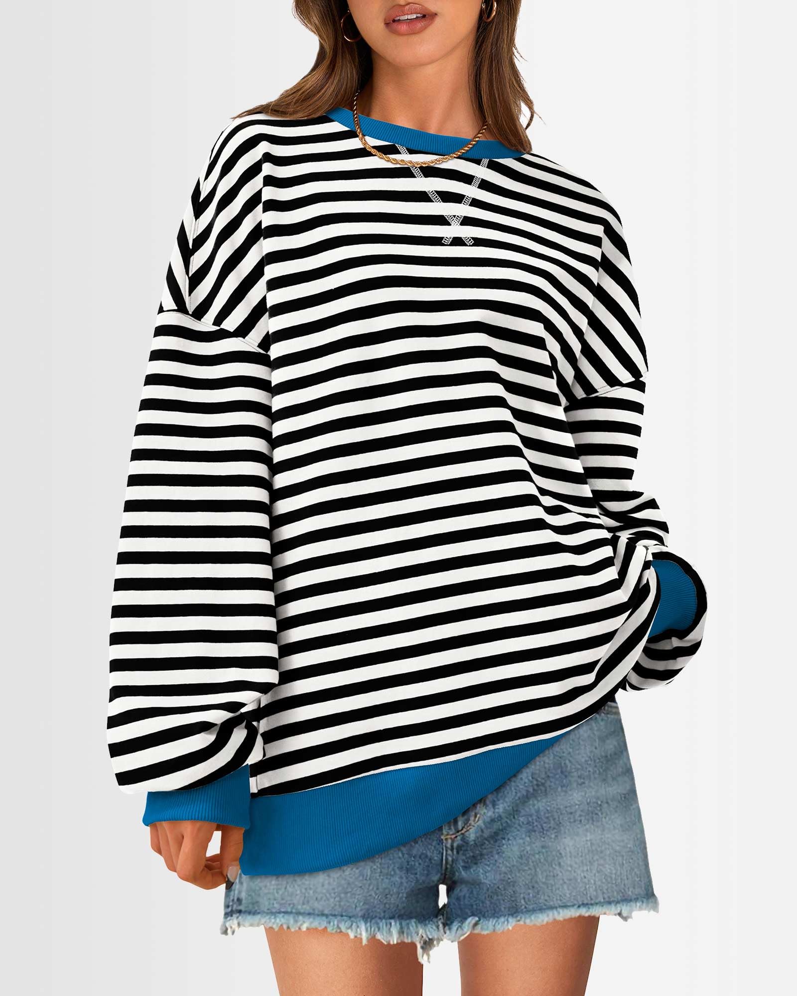 BTFBM Womens Striped Pullover Tops Spring Clothes 2026 Long Sleeve Shirts Trendy Crew Neck Loose Y2K Sweatshirts — view 3