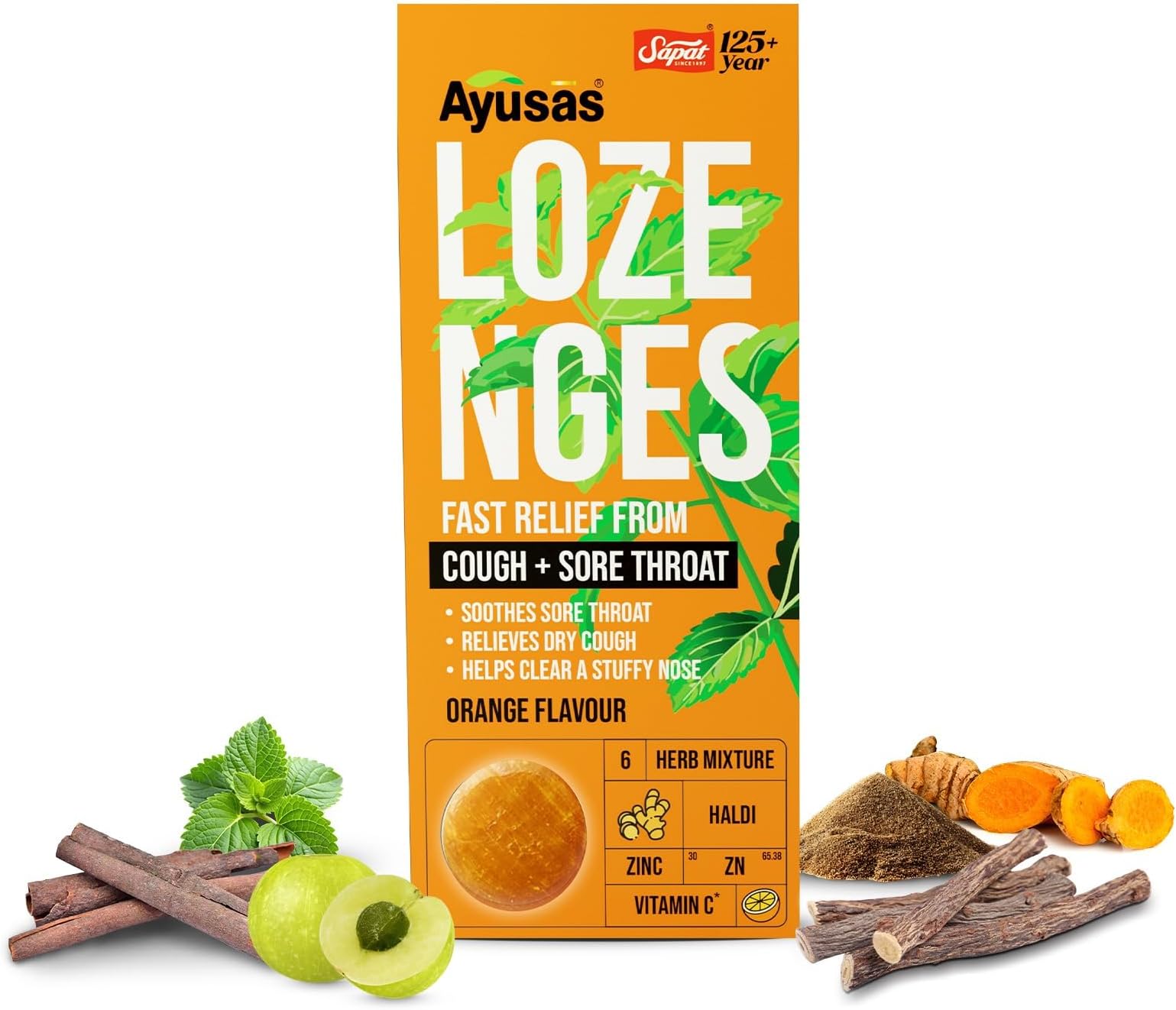 Sapat Ayusas Turmeric Curcumin Lozenges with Vitamin C – Orange Flavor | Natural relief Lozenges for sore throat, cough & cold | Immunity boost with Haldi, Amla, Willow Bark | 200 Tablets