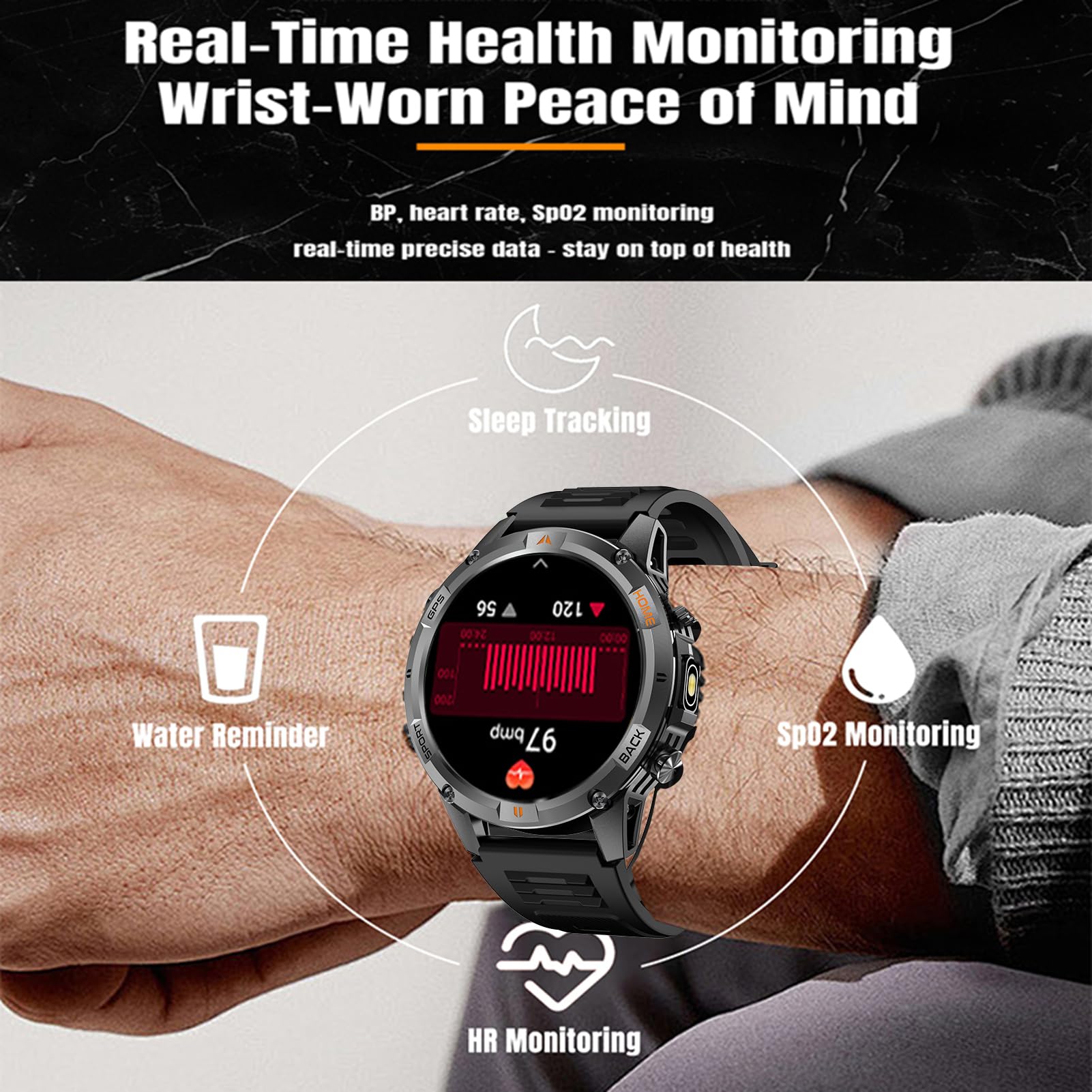 Inteligentny Zegarek Sportowy, 1,46 Cala i rozdzielczość 360 X 360 GPS, Monitor Aktywności z ponad 100 Trybami ćwiczeń, dla Systemu IOS Bieganie Pływanie Piesze Wycieczki (Czarna stal)