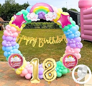 Flyloons Paper, Latex Rainbow Theme 18th Birthday Decorations Kit Girls Boys For 18 Year With Number Rainbow Star Pink Purple Yellow Blue Green Pastel Balloons Happy Birthday Gold Banner, 59 Pcs