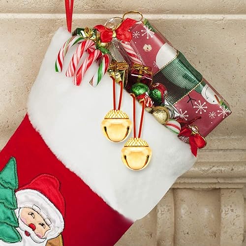 Miniatura 5 de ArtCreativity Collares de cascabel de Navidad, juego de 12, campanas doradas en cuerda roja, rellenos de calcetines de Navidad para niños y adultos,