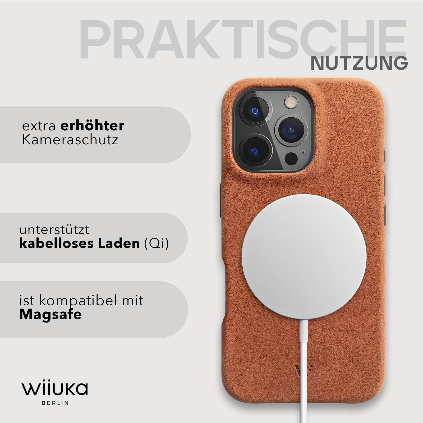 WIIUKA Funda para iPhone 16 Pro Max, piel de Alemania, funda de piel extrafina, funda premium para teléfono móvil, Case, Qi, skiin more, vintage coñac marrón