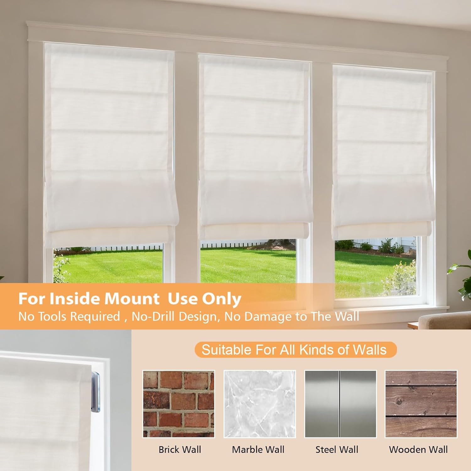 No Drill Roman Shades for Indoor Windows, Cordless Blackout Light Filtering Roman Blinds, Linen Fabric No Tools Window Shades, Window Blinds for Home Bedroom, Apartment, Renters, Off White