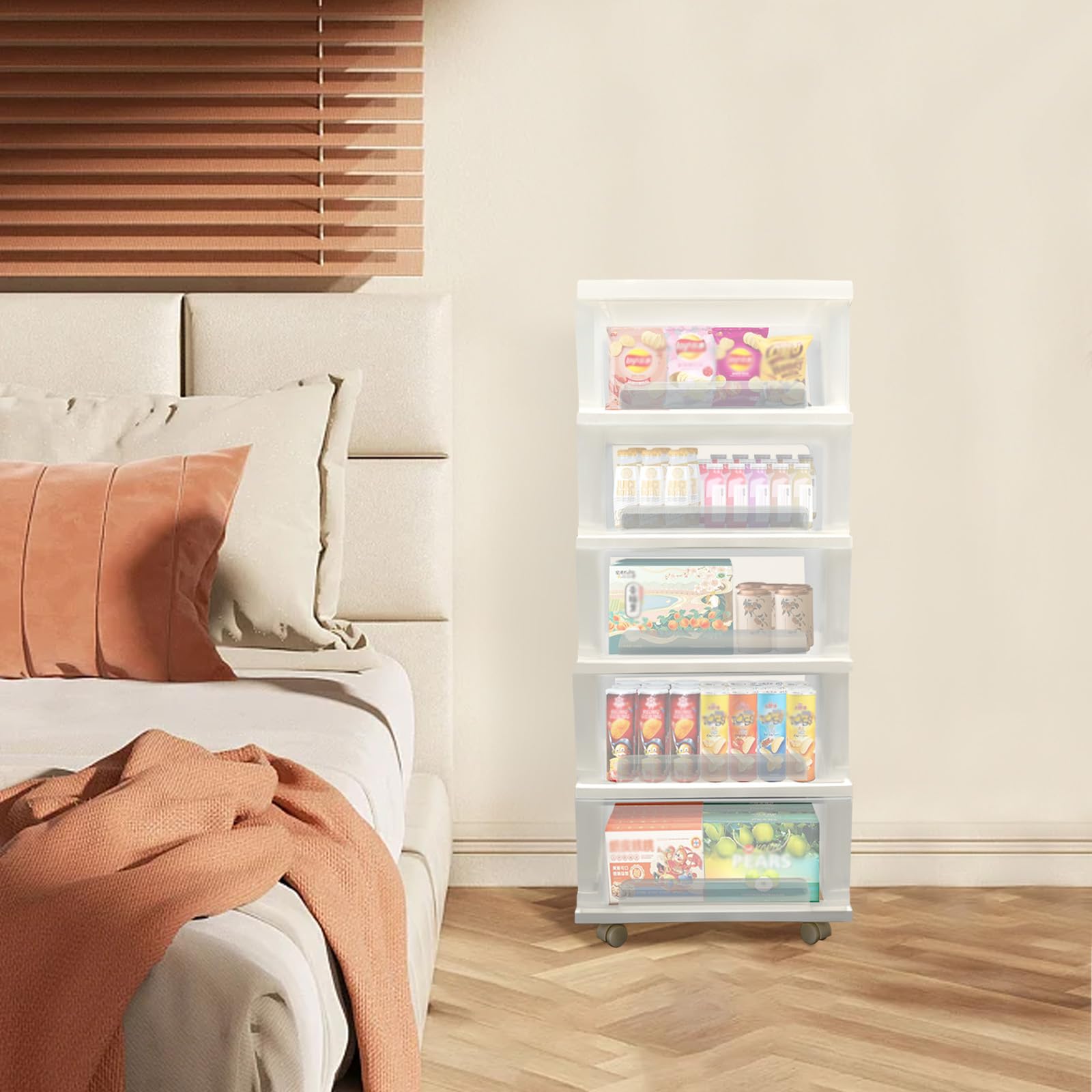 Cassettiera con 5 cassetti e rotelle, torre portaoggetti in plastica, cassettiera arrotolabile, organizer per cucina, bagno, soggiorno, ufficio (bianco)