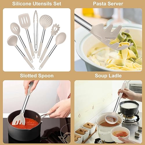 Miniatura 3 de E-far Juego de utensilios de cocina de silicona, 7 piezas de utensilios de cocina resistentes al calor con mango de acero inoxidable, espátula
