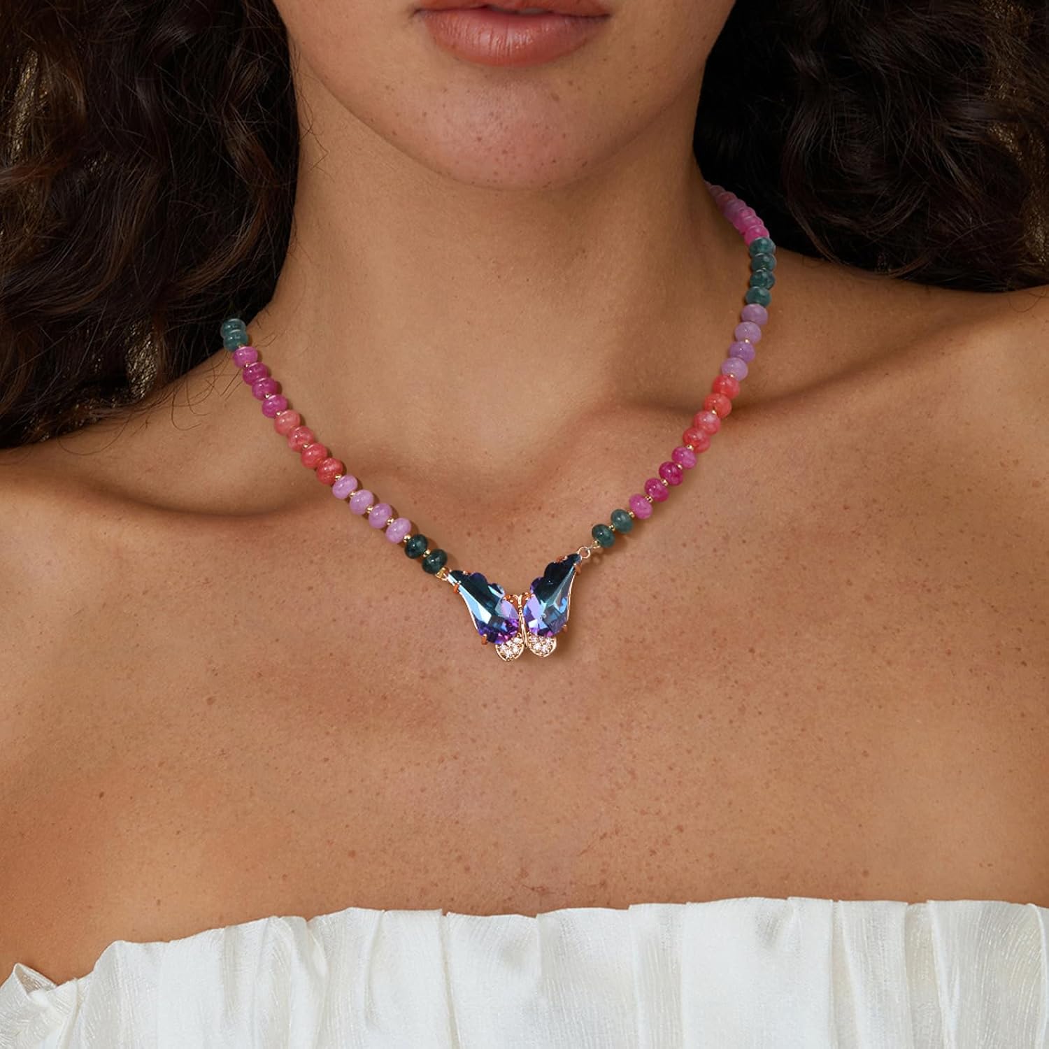 Butterfly Beaded Necklace for Women, Colorful Boho Bead Choker Necklace Natural Stone Surfer Beach Necklace Summer Handmade Jewelry - Image 2